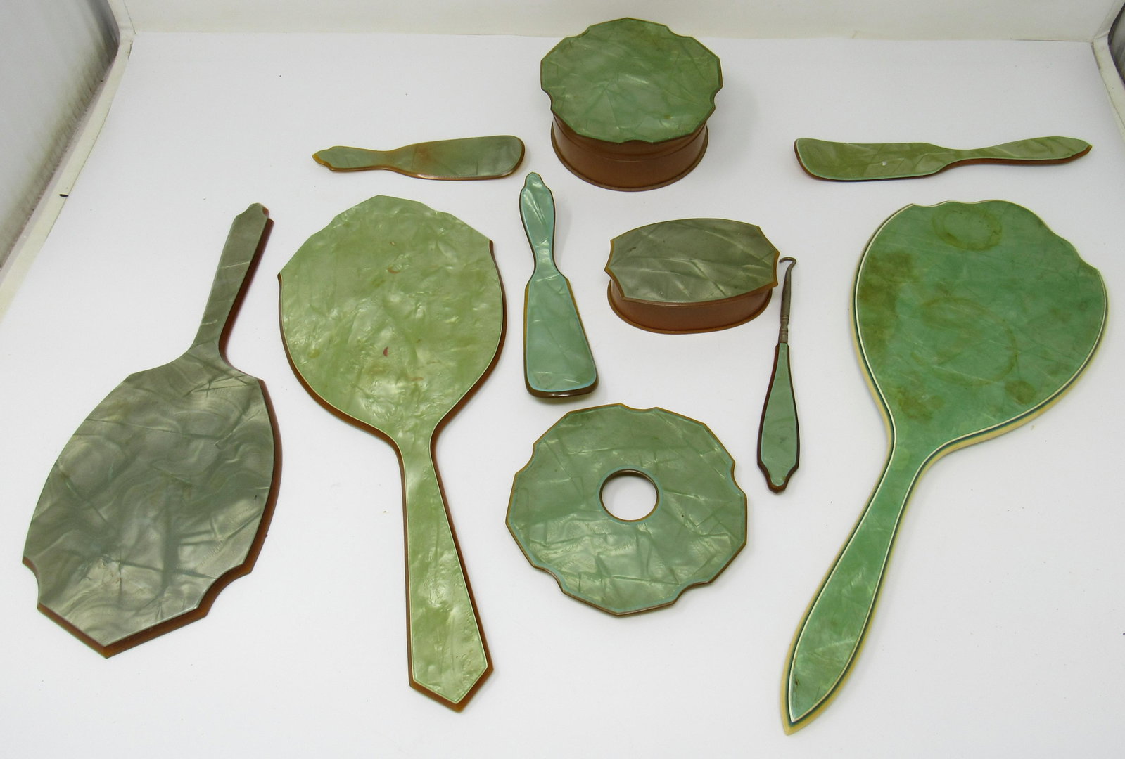 Celluloid Vanity Mirrors Boxes Shoe Horns: Longest mirror is approx 15" long