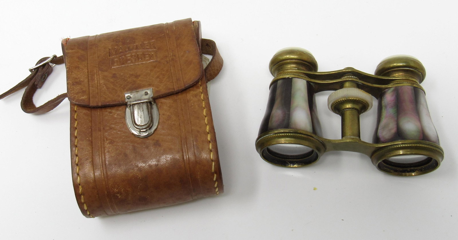 Mautner Dresden Brass & Mother of Pearl Binoculars: Binoculars are not marked. Case is marked.
