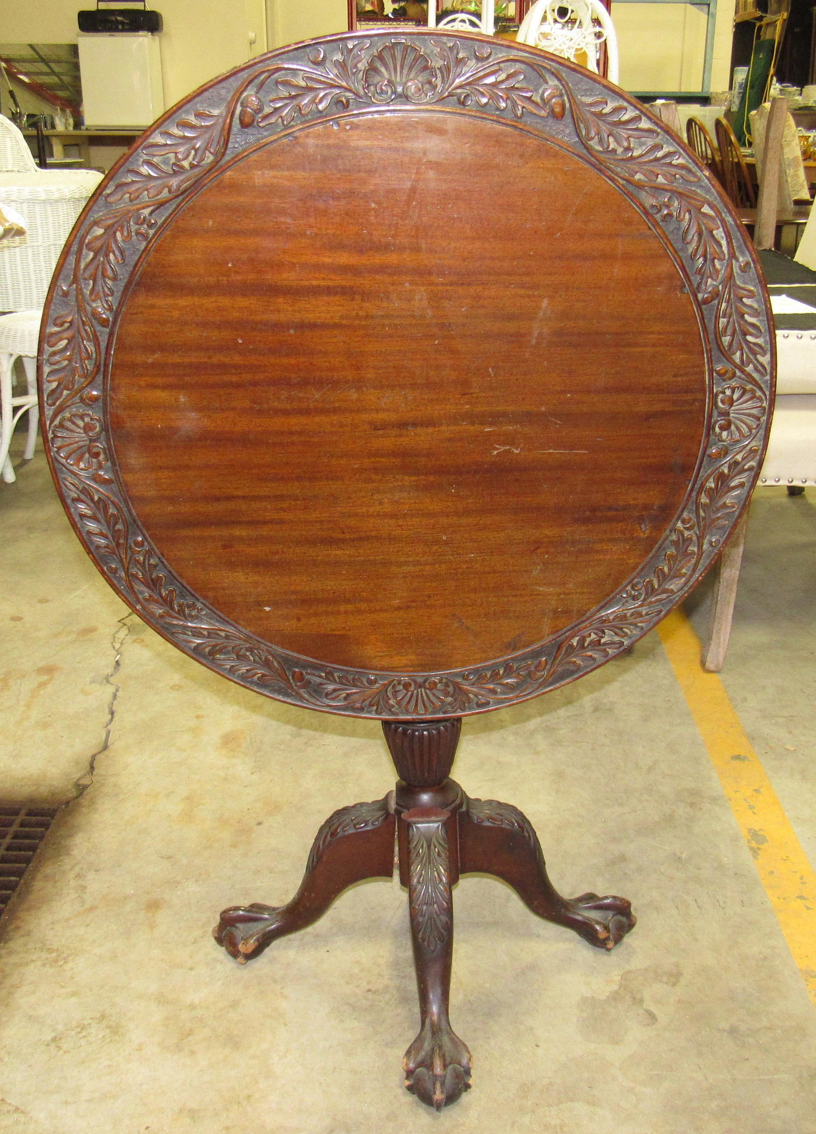 Tilt Top Carved Ball & Claw Foot Table: Approx 27" in diameter and 27" tall
