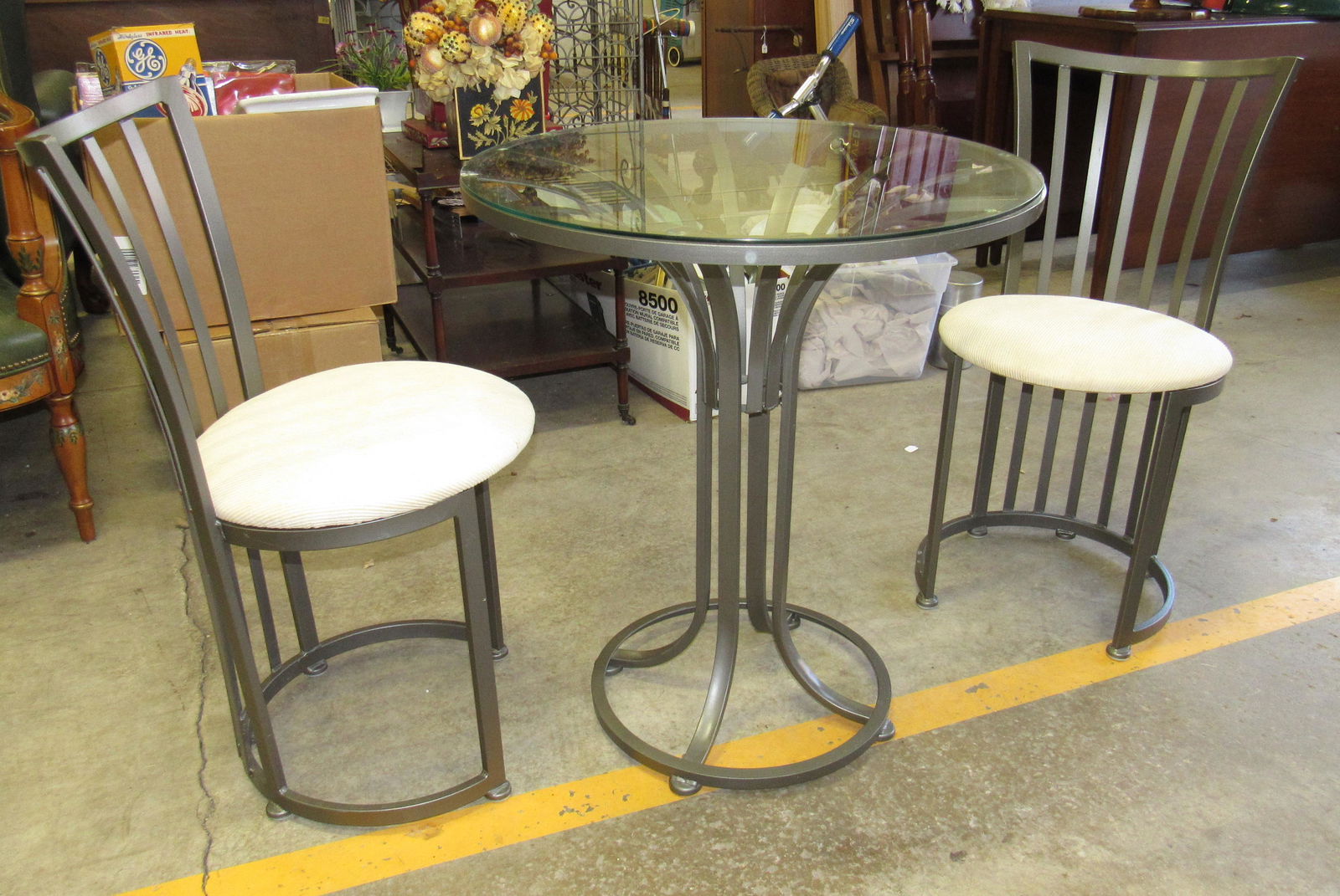 Shaver Howard Metal Glass Top Table and 2 Chairs: Dinette Set Table is apprx 26" in diameter and 30" tall.