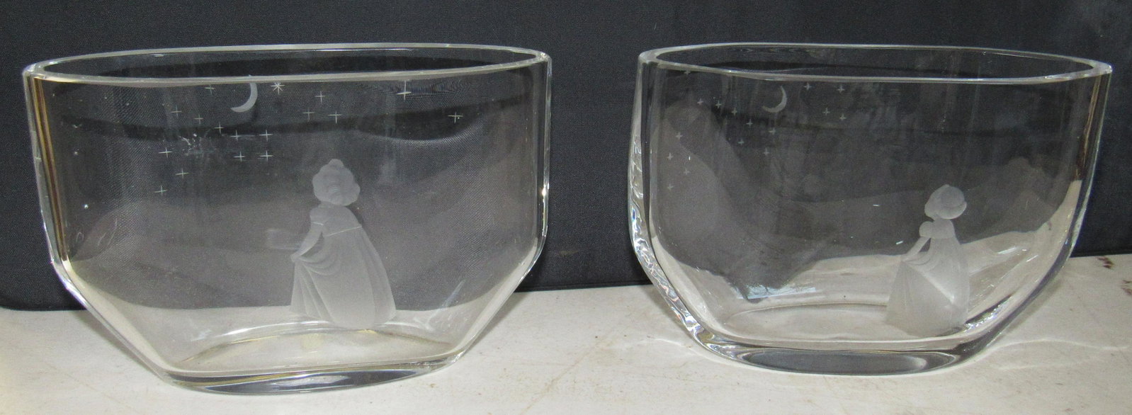 2 Orrefors Wish to Moon Vases: Approx 2 3/8" x 6 3/8" x 4 1/4" tall
