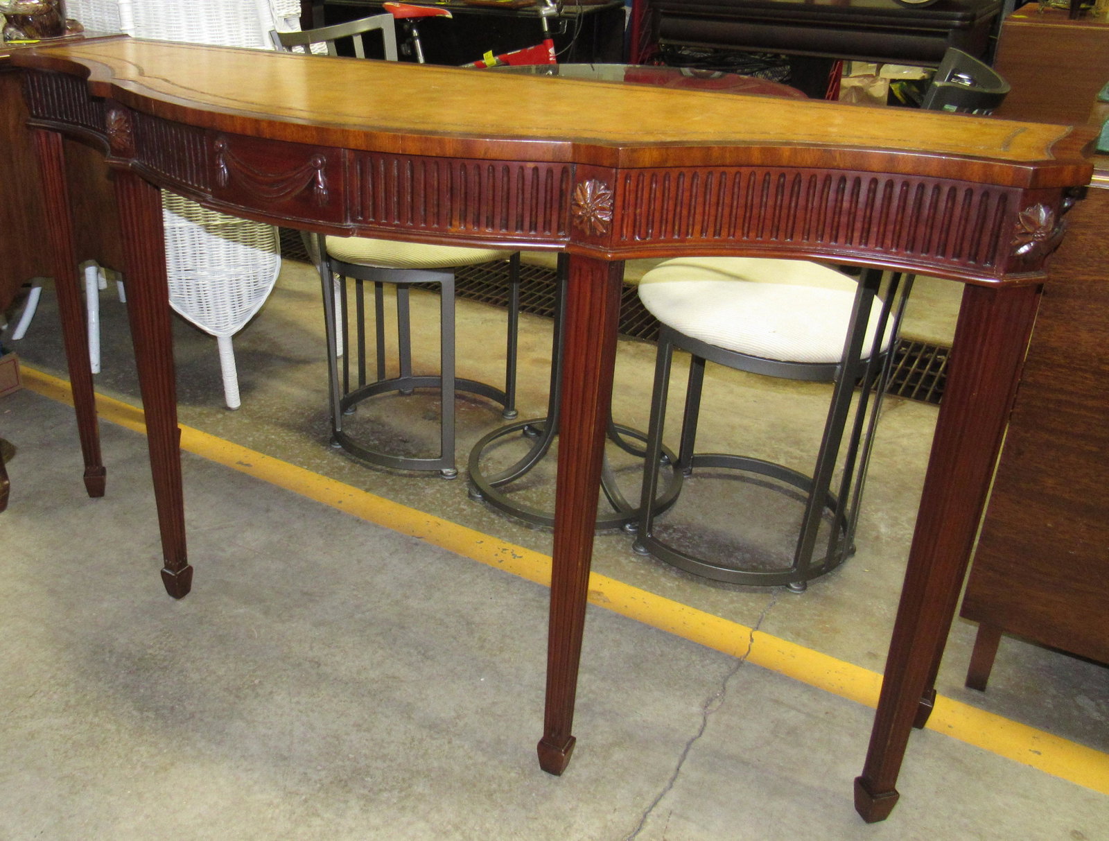Console Table w/ Leather Top: Approx 20" x 60" x 32 1/2" tall.