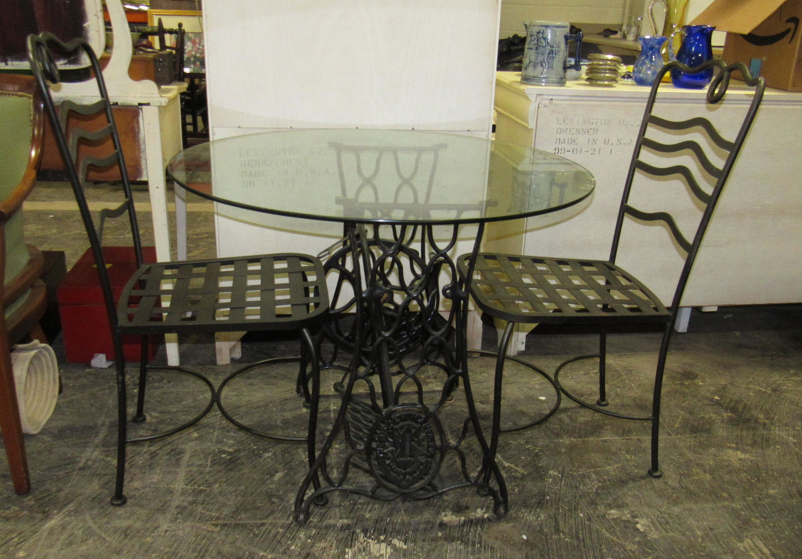 Glass Top Table with Singer Sewing Machine Base &: Table and chairs. Table is apprx 36" in diameter and 28 3/4" tall