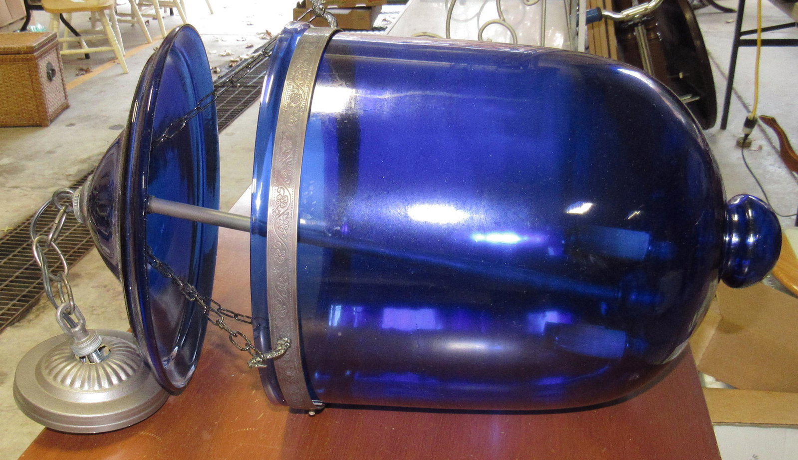 Cobalt Blue Hanging Light Fixture: Apprx 12" in diameter and 22" long