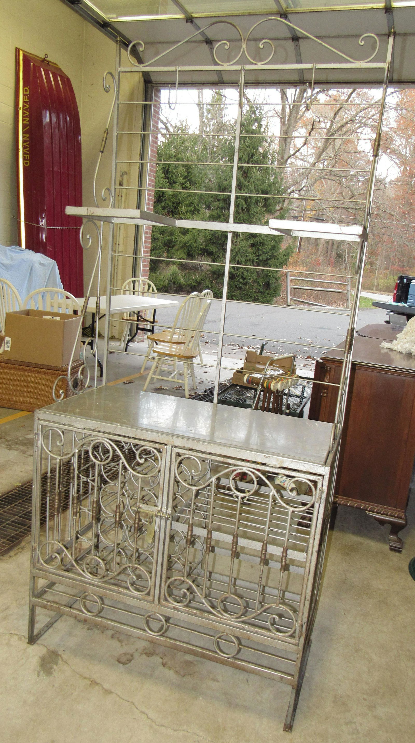 Iron Kitchen Rack w/ Wine Bottle Holder Granite Top: Has granite top, brass hardware. Approx 18" x 36" x 83 1/4" tall. It is heavy !