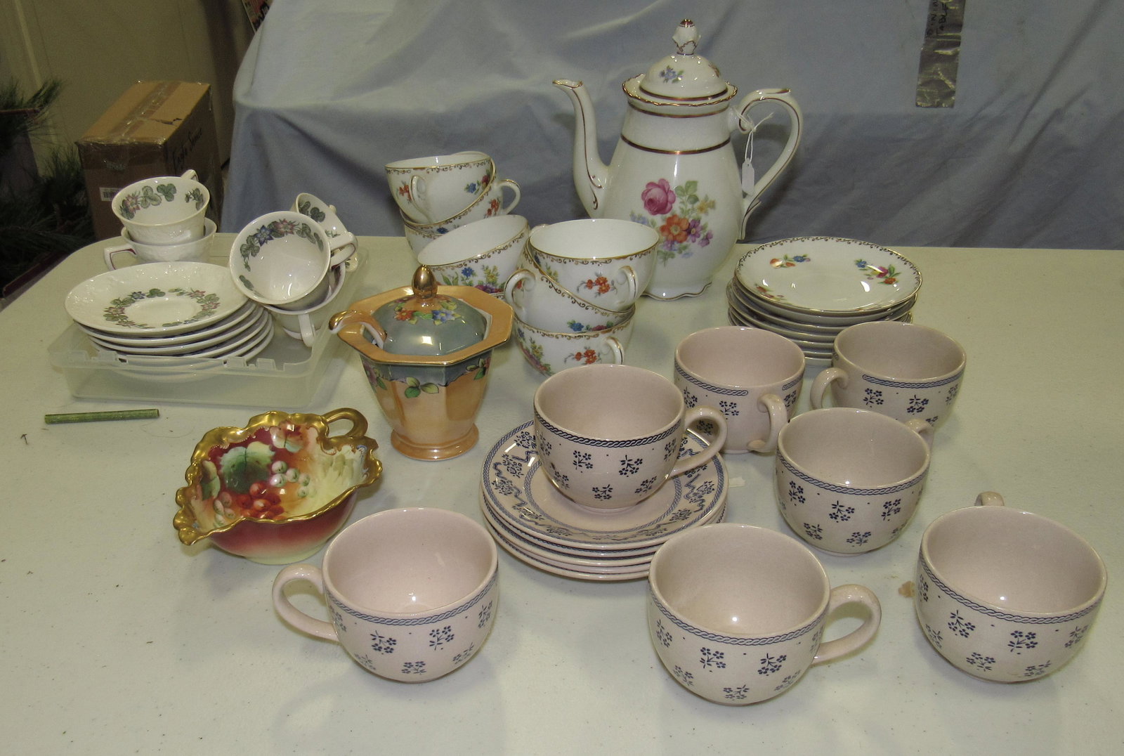 Noritake Wedgwood Cups Saucers Schumann Teapot: Teapot is approx 9" tall. Getting all pictured on table
