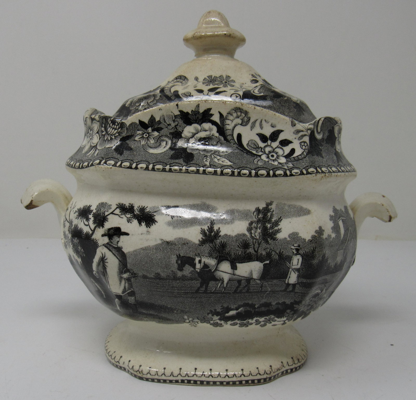 Transferware Horse Plowing Farming Sugar Bowl: Approx 4" x 7 1/2" x 7 1/2" tall