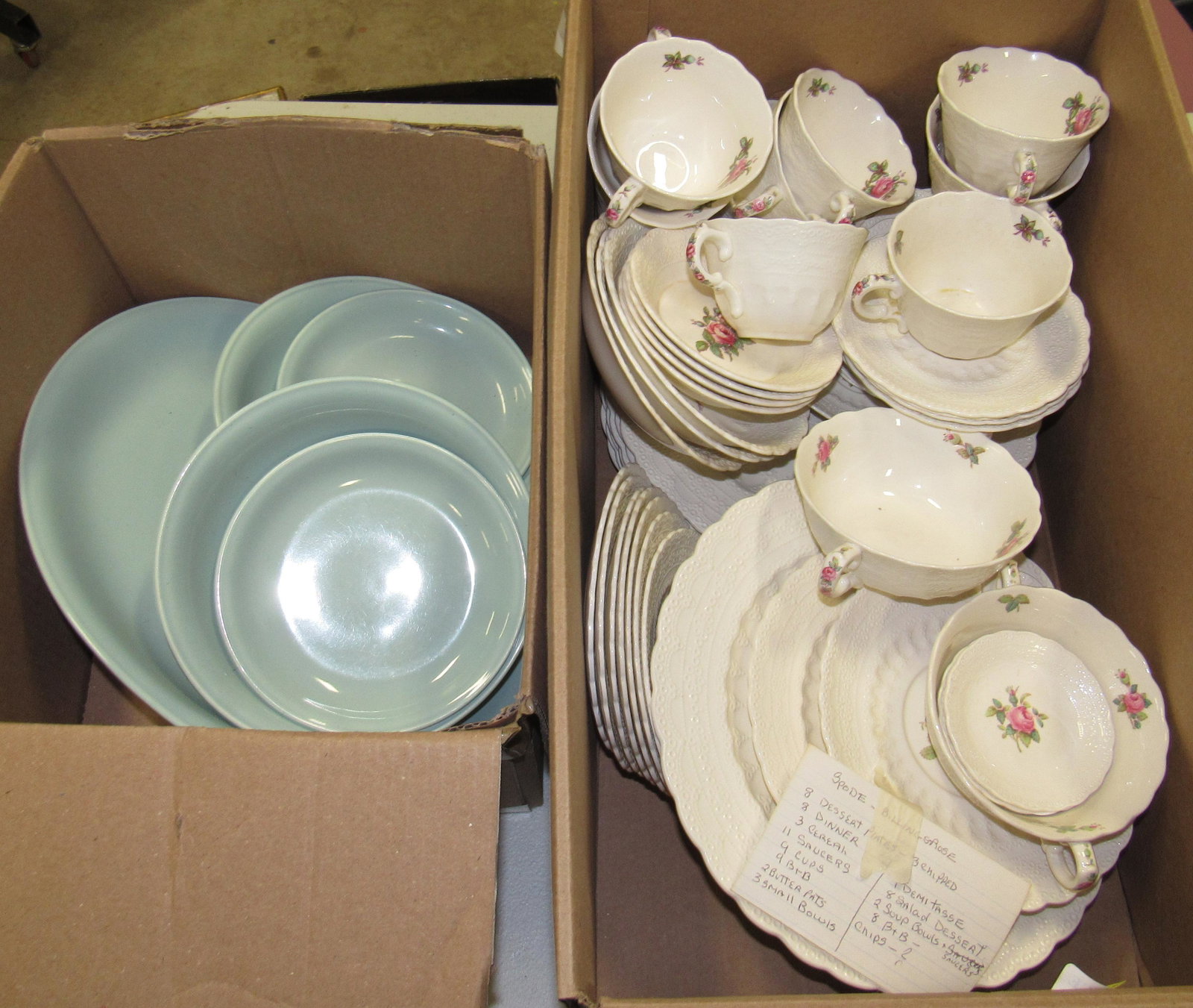 Spodes Jewel Billingsly Rose & Jubilee Dinnerware: Getting all in the 2 boxes. We do not guarantee the list in the spode box is correct.