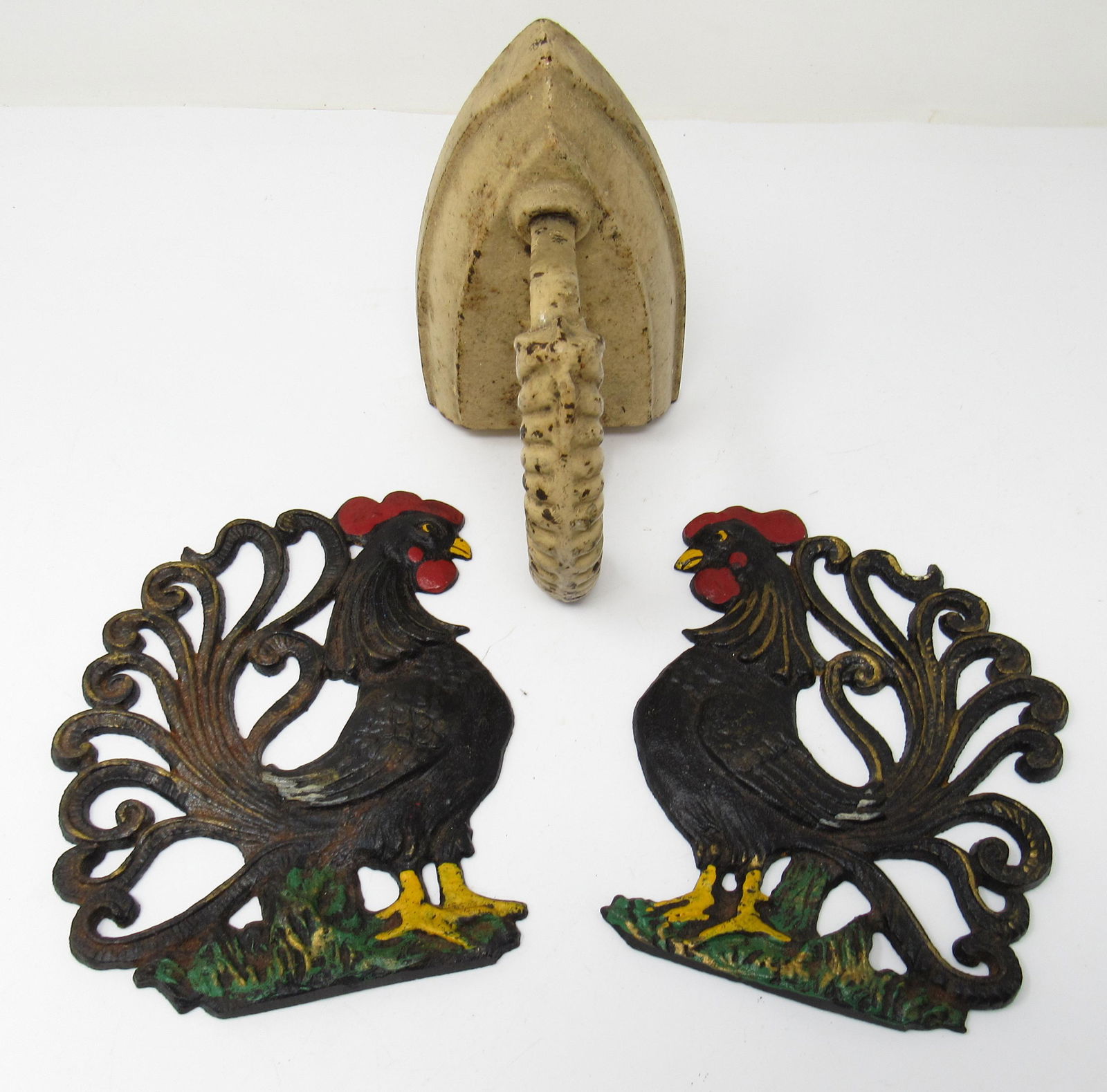 Cast Iron Chicken Wall Plaques and Sad Iron: Chickens are approx 7" tall