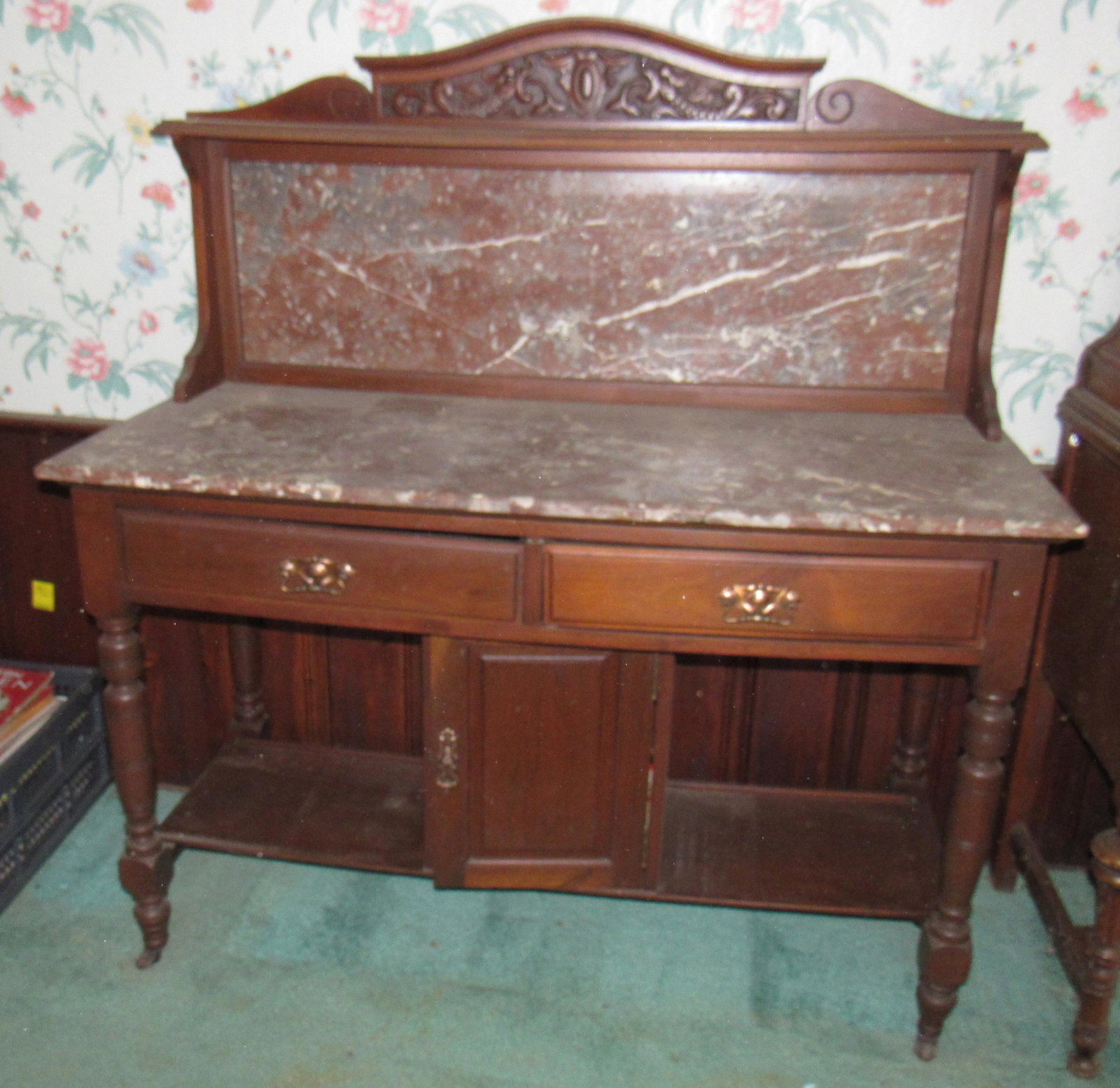 Marble Top Sideboard with Carved Dragons: Approx 20 1/4" x 48" x 52" tall