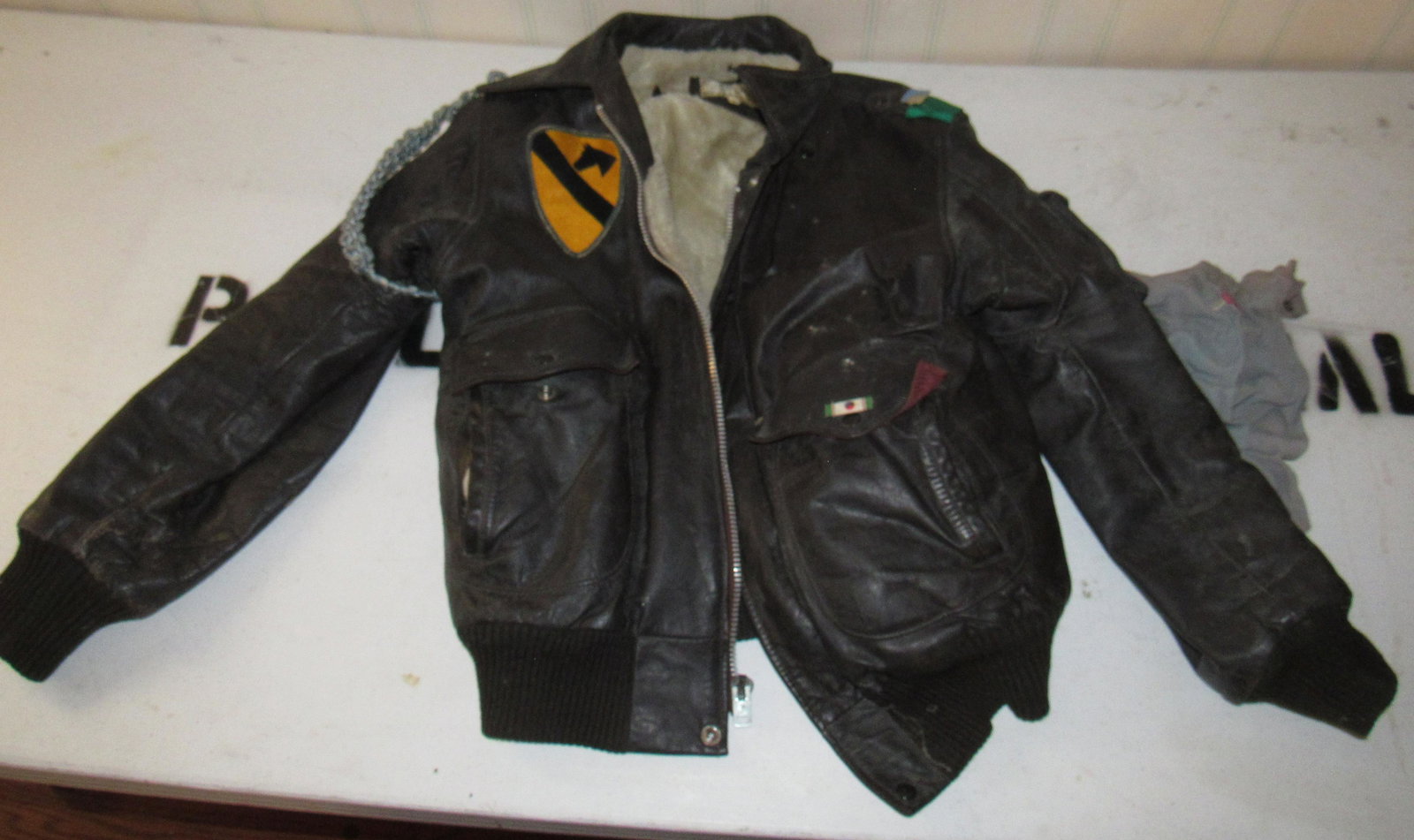 Pack In A2 Leather Flight Jacket with Pins and Medals: Jacket is a size 38