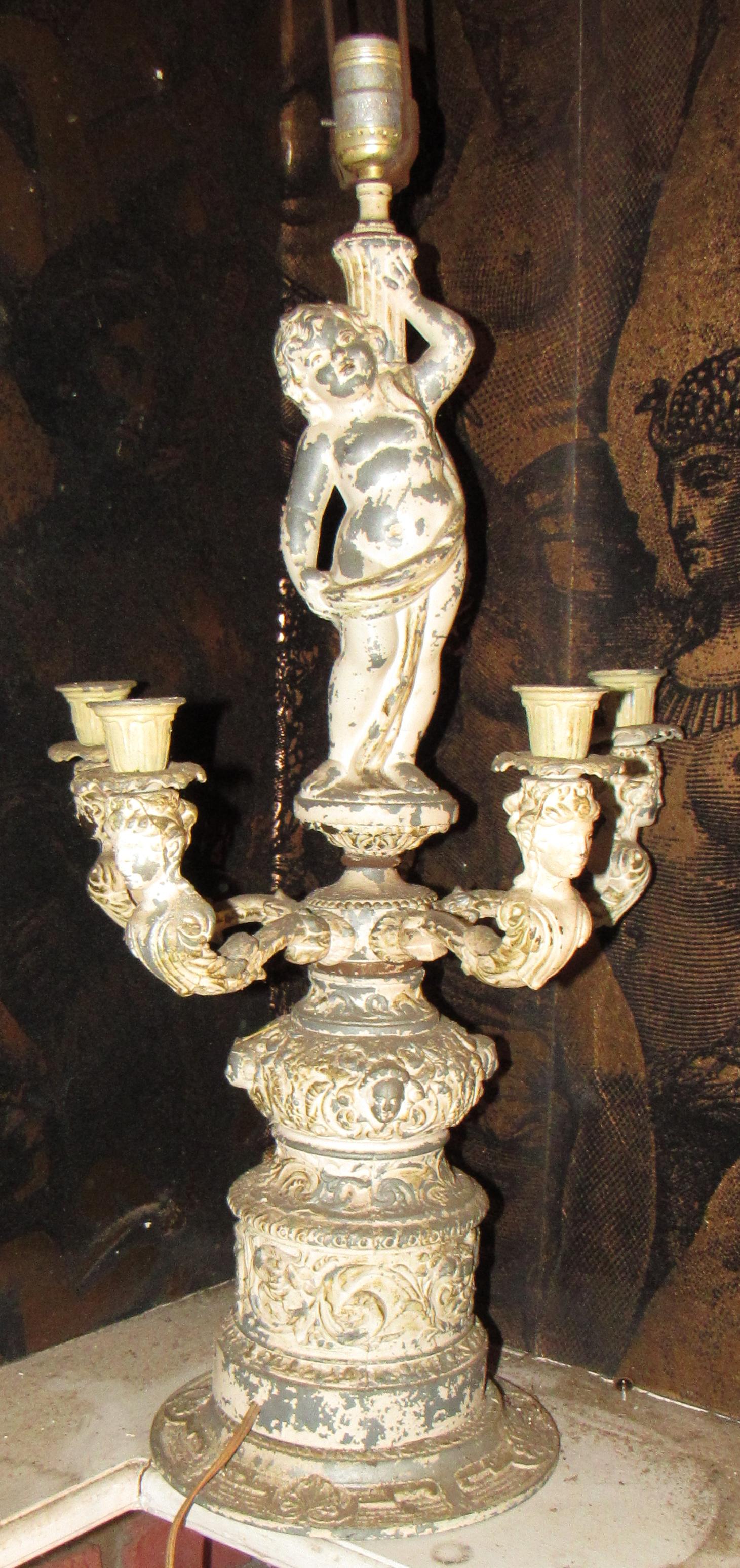 Cherub Candelabra / Table Lamp: Converted into table lamp. Apprx 12 1/2" in diameter and 23" tall. Made of pot metal