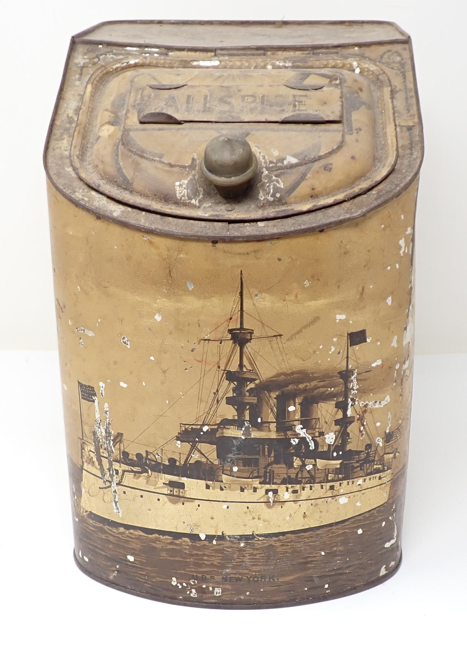 USS New York Allspice Tin White Squadron: Approx 6 3/4" x 8 1/2" x 10" tall