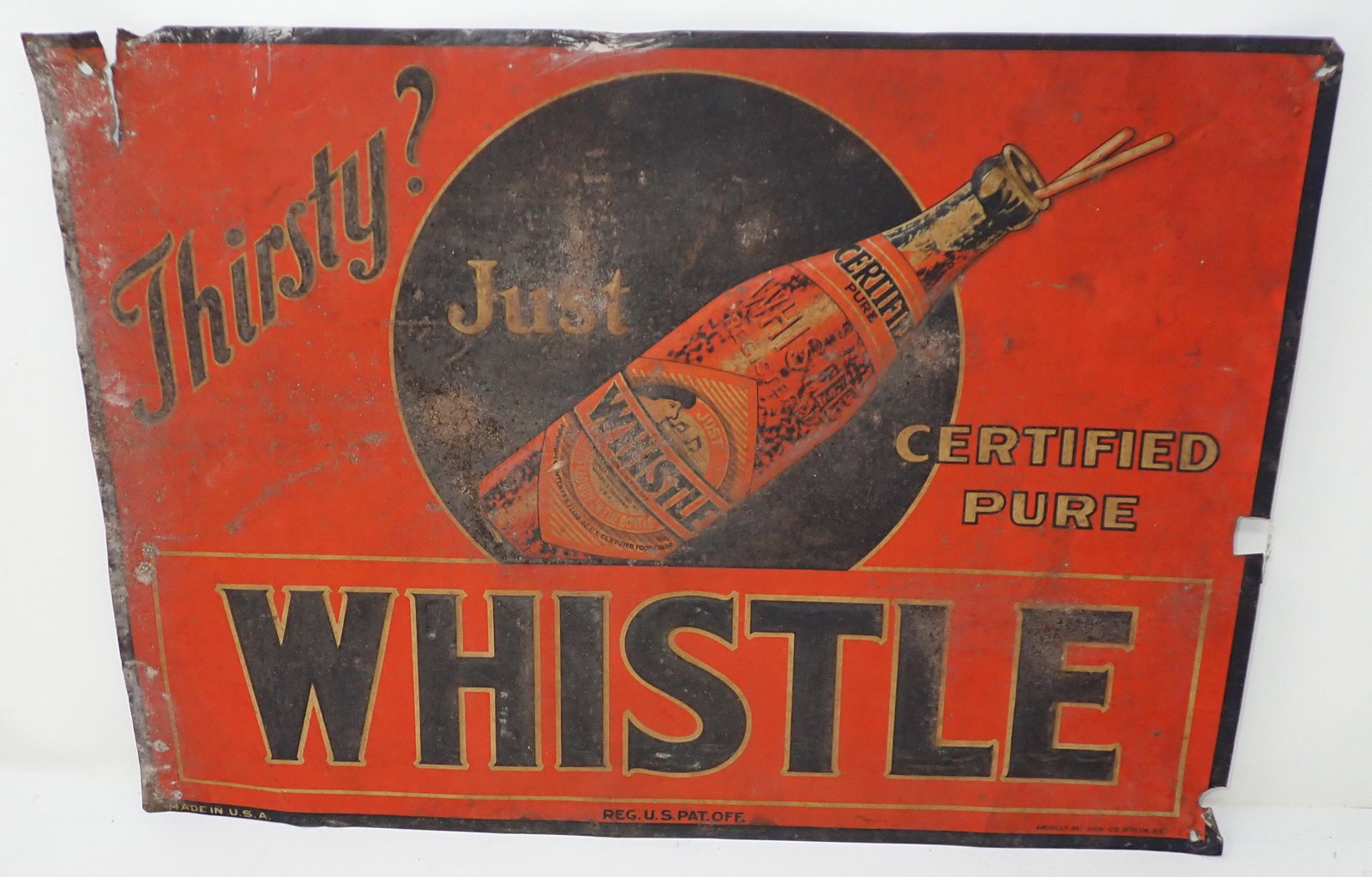 Whistle Soda Embossed Sign: Tin sign is approx 13 7/8" x 19 5/8" . The " Whistle " is embossed on the sign.