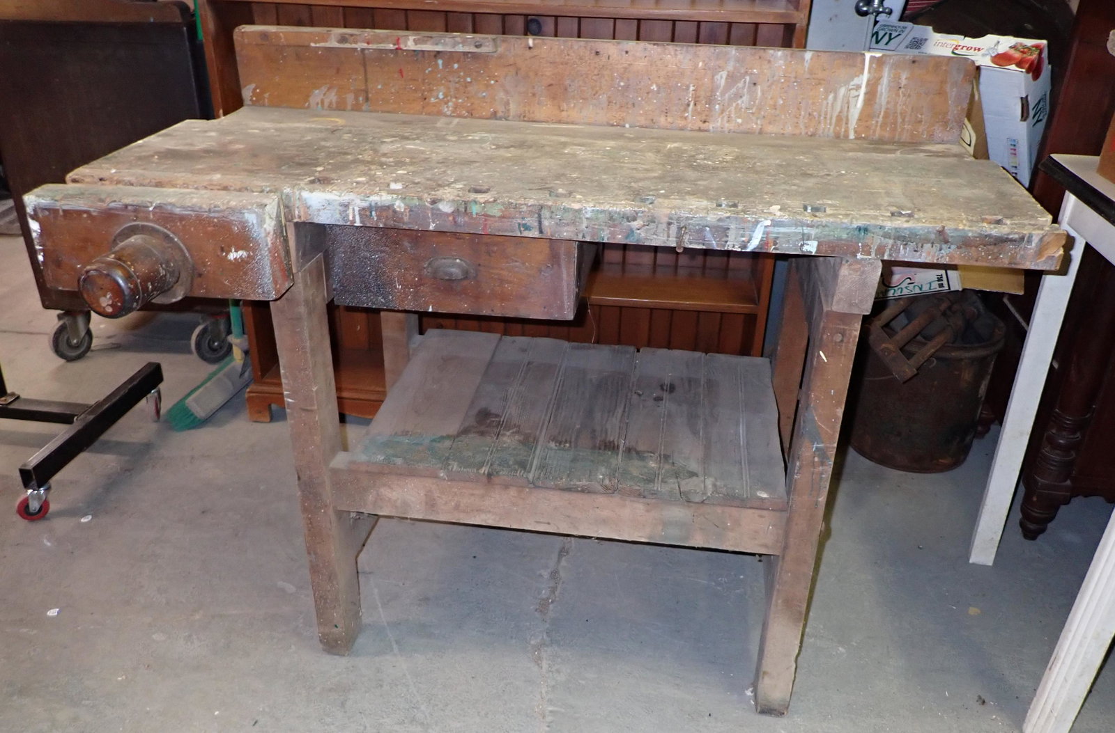 Antique Carpenters Woodworking Tool Bench w/ Vise: Approx 22" x 48" x 36 1/2" ( to top of backing)