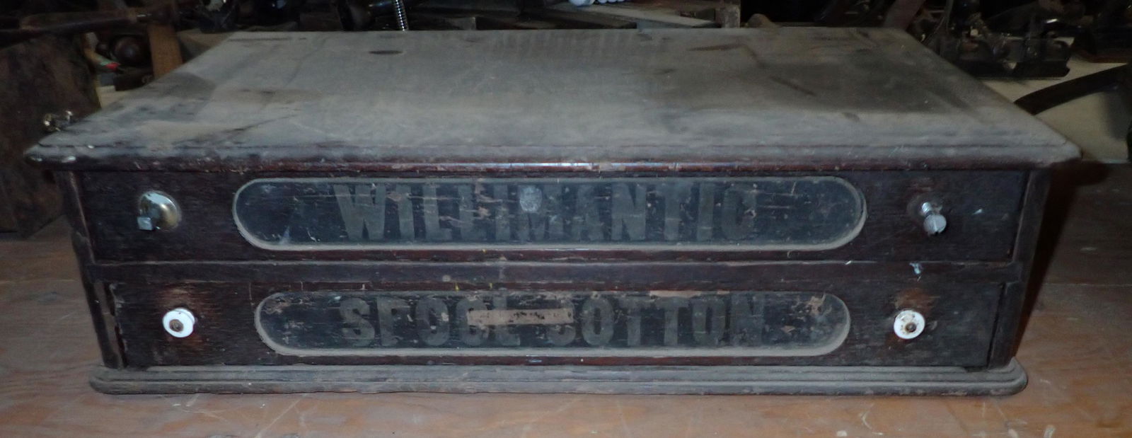 Willimantic 2 Drawer Spool Cabinet: Approx 14" x 24" x 6 1/2" tall.