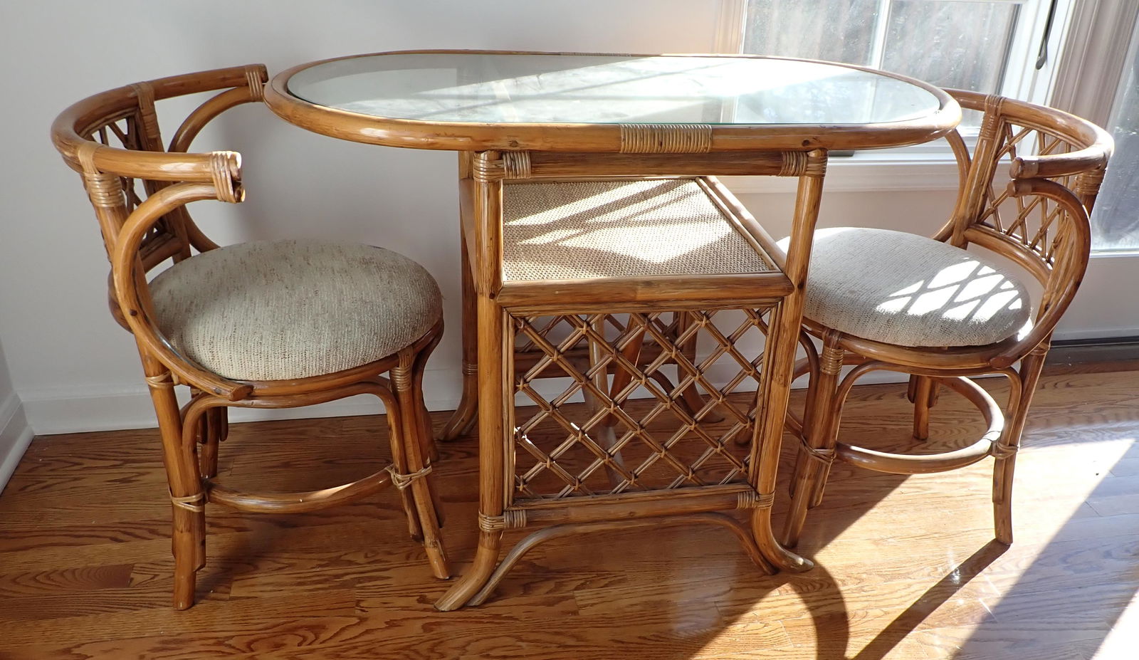 Rattan Glass Top Patio Table and 2 Chairs: Table is approx 29 1/2" x 39 1/2" x 30" tall.