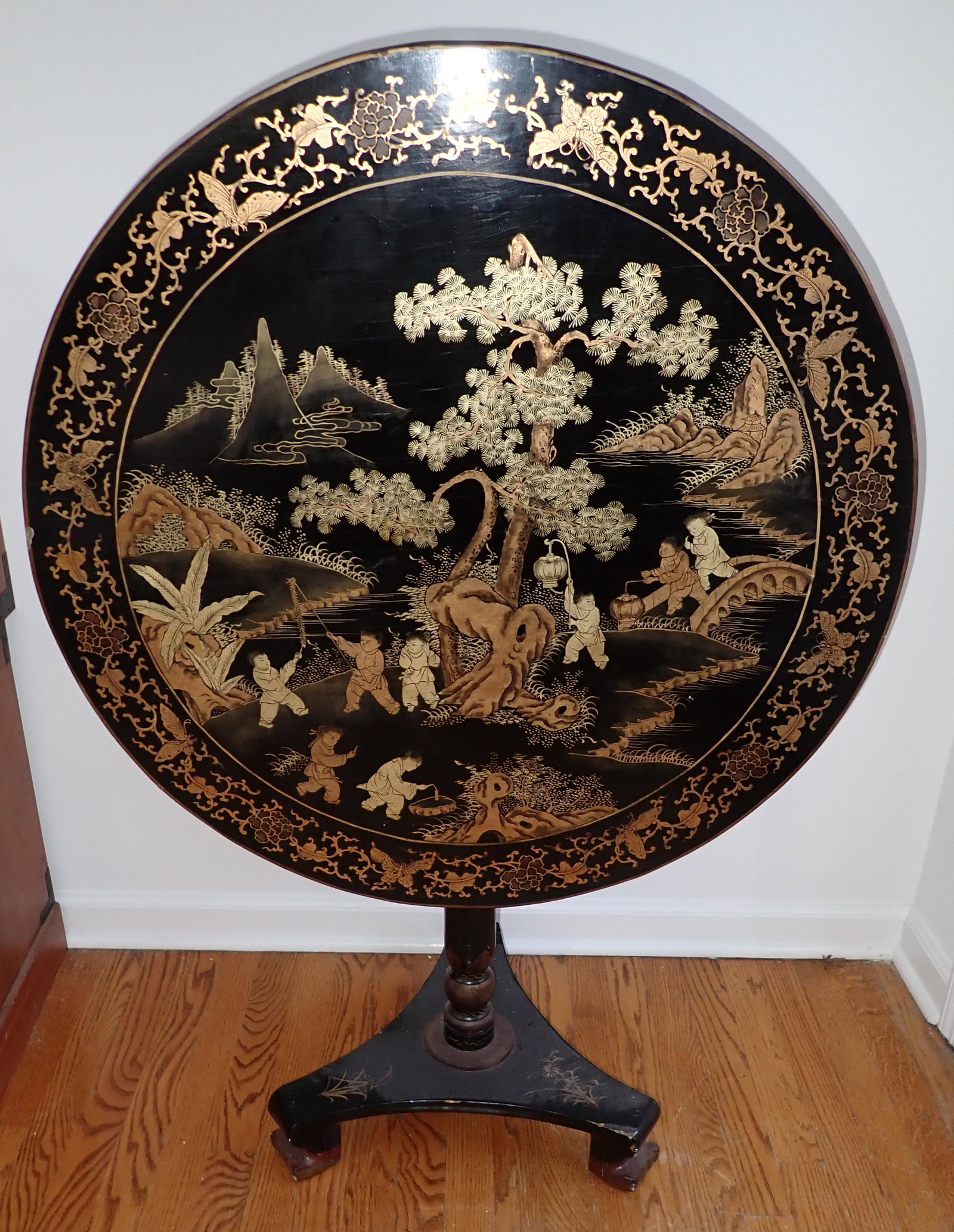 Asian Tilt Top Table: Approx 32 1/2" in diameter and 31 1/4" tall ( when down)