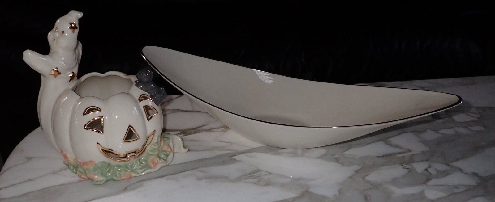 Lenox Tray and Halloween Votive Holder: Jack O Lantern and Ghost are apprx 7" tall