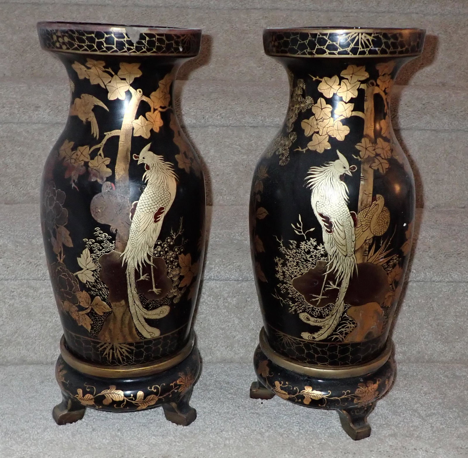 2 Oriental Paper Mache Urns / Vases: Approx 7 1/2" in diameter and 20 3/4" tall