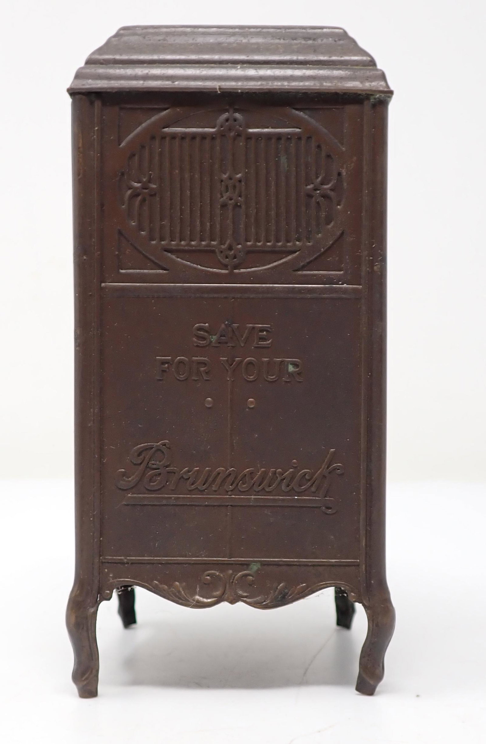 Brunswick Victrola Bank: Approx 2 1/2" x 2 3/8" x 5 1/4" tall.