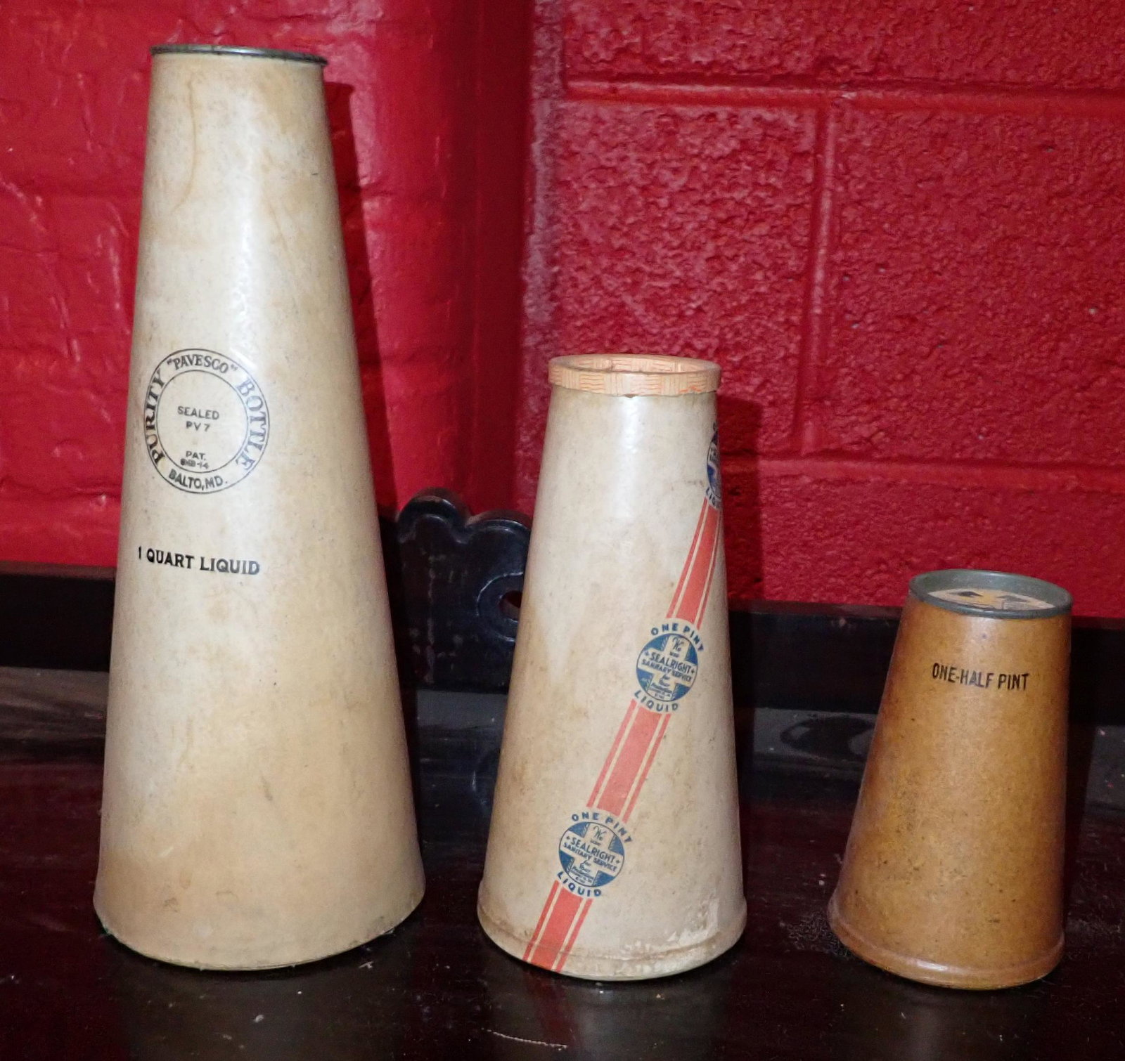 3 Cone Top Milk Bottles: Largest is approx 4" x 9 3/4" tall