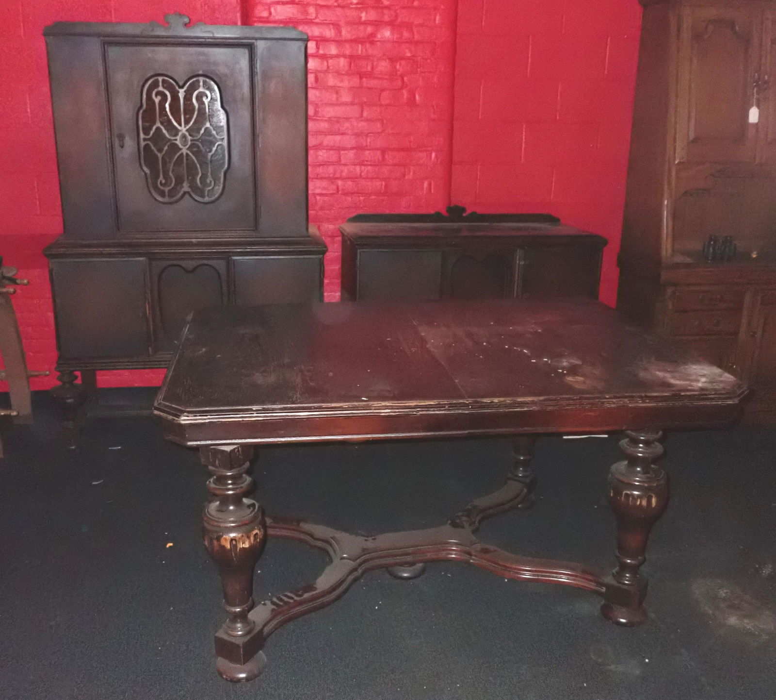 3 Piece Dining Room Set: Table is approx 45" x 60" , china is approx 19" x 45" x 71 1/2" tall, sideboard is approx 19" x 45" x 39" tall