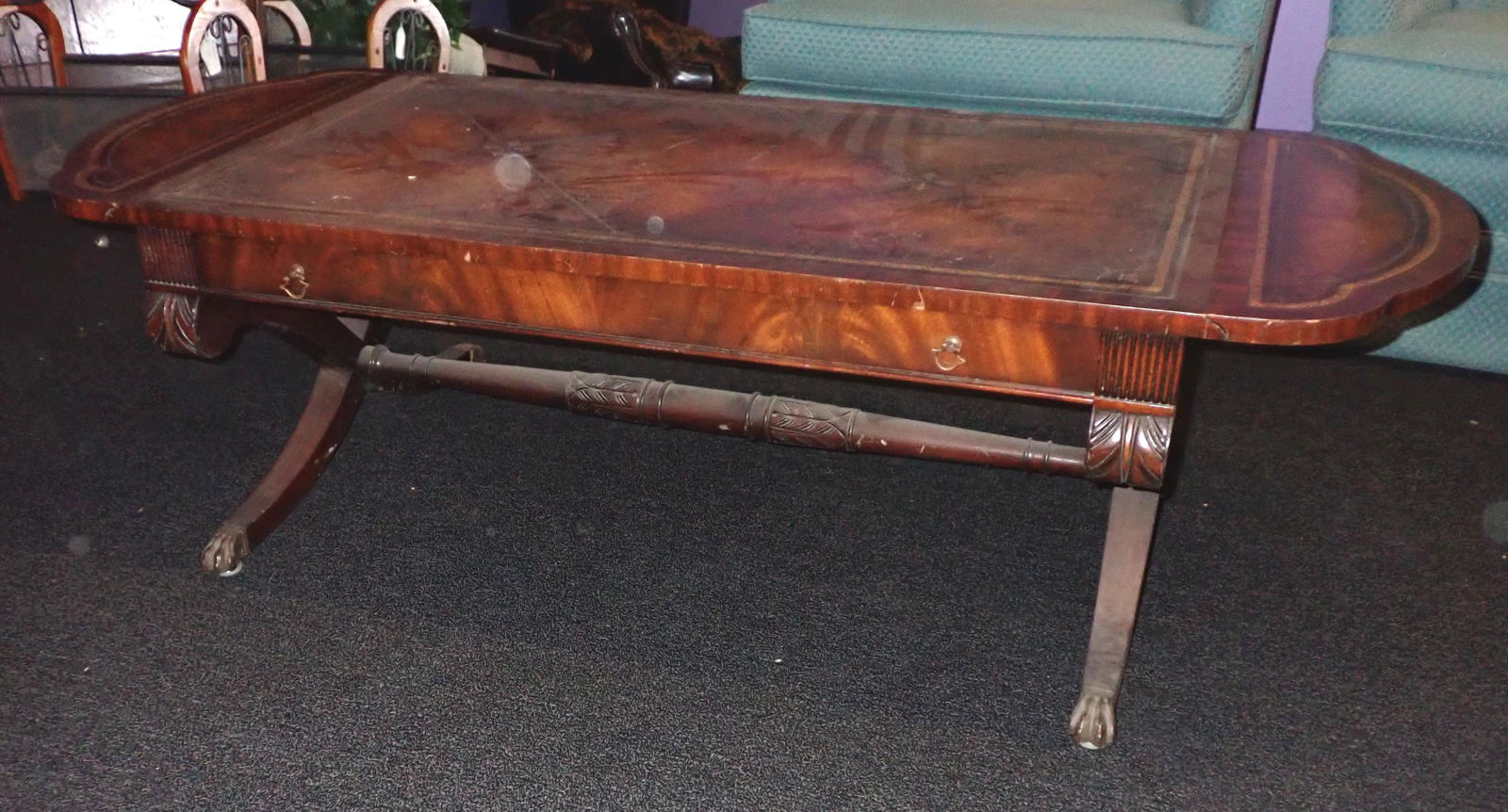 Drop Leaf Leather Top Coffee Table: Apprx 22" x 56 1/2"( opened ) x 16 1/2" tall