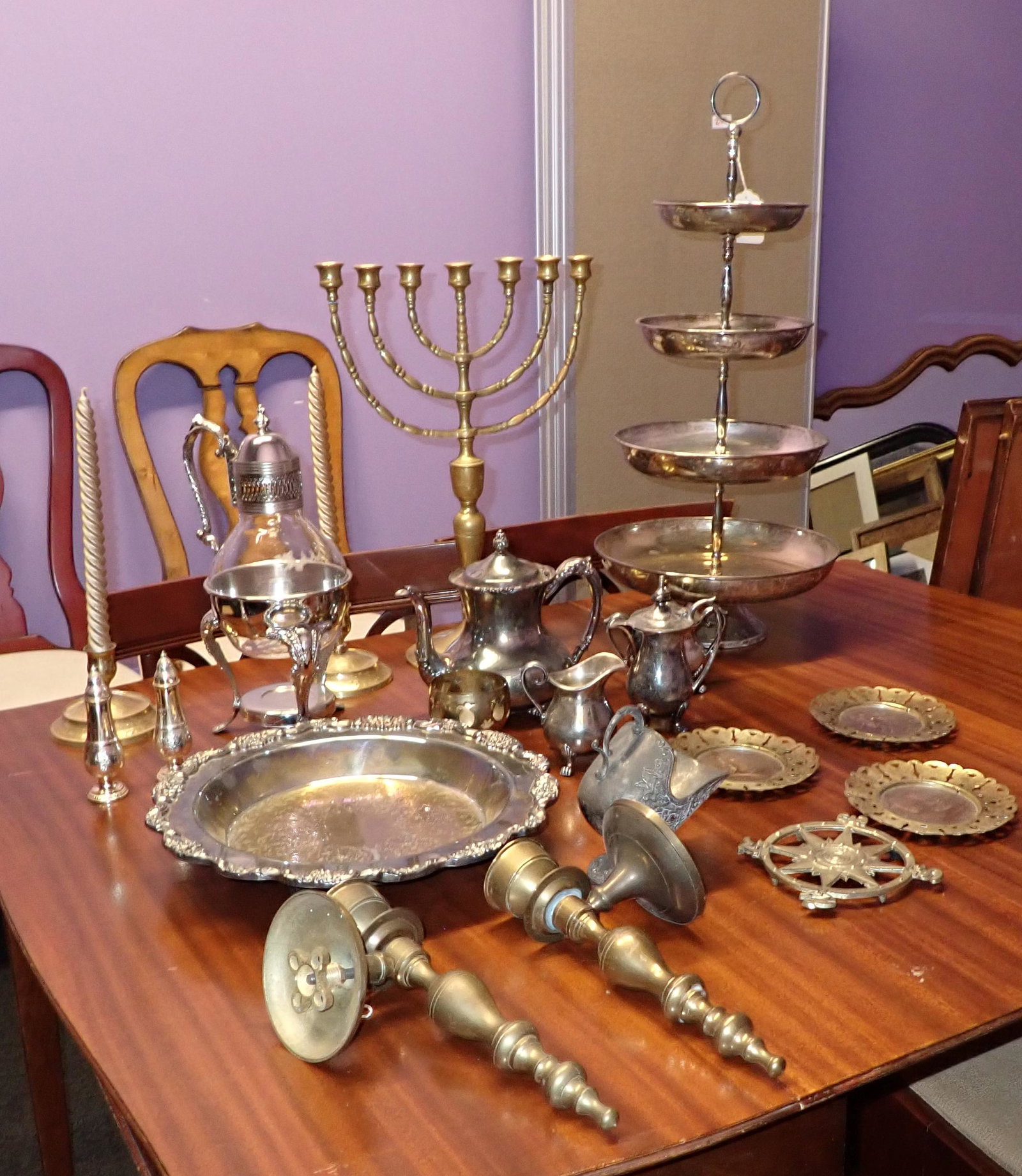 Brassware Silverplate & Misc: Getting all pictured on table