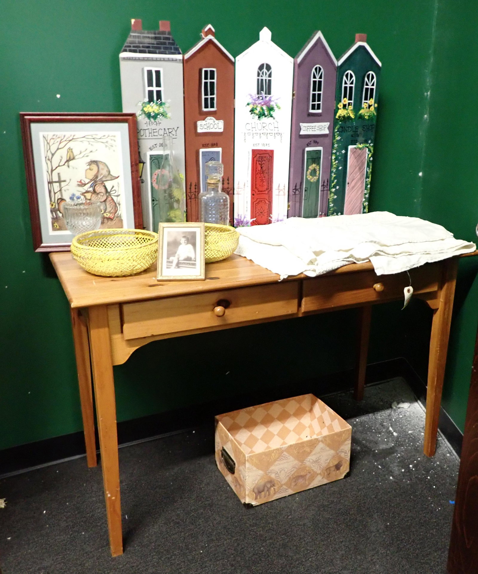 2 Drawer Pine Table and Contents: Table is approx 22" x 48" x 30" tall. Take what you want and leave the rest