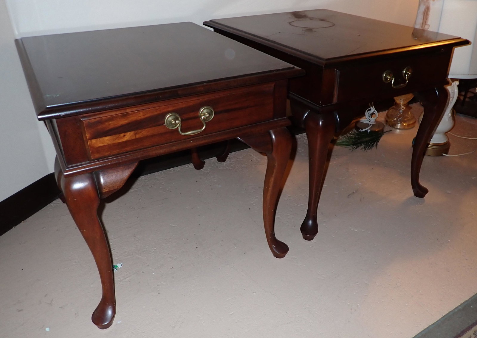 2 End Tables: Approx 22" x 27" x 22 1/2" tall.