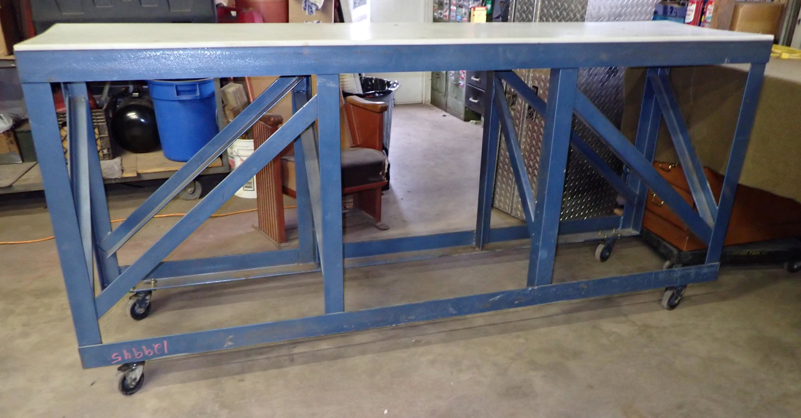 Rolling Shop Bench w/ Teflon Type Top: Approx 22" x 90" x 41" tall. Weighs approx 365 pounds ! Bring help to load ! Top is made of teflon type material