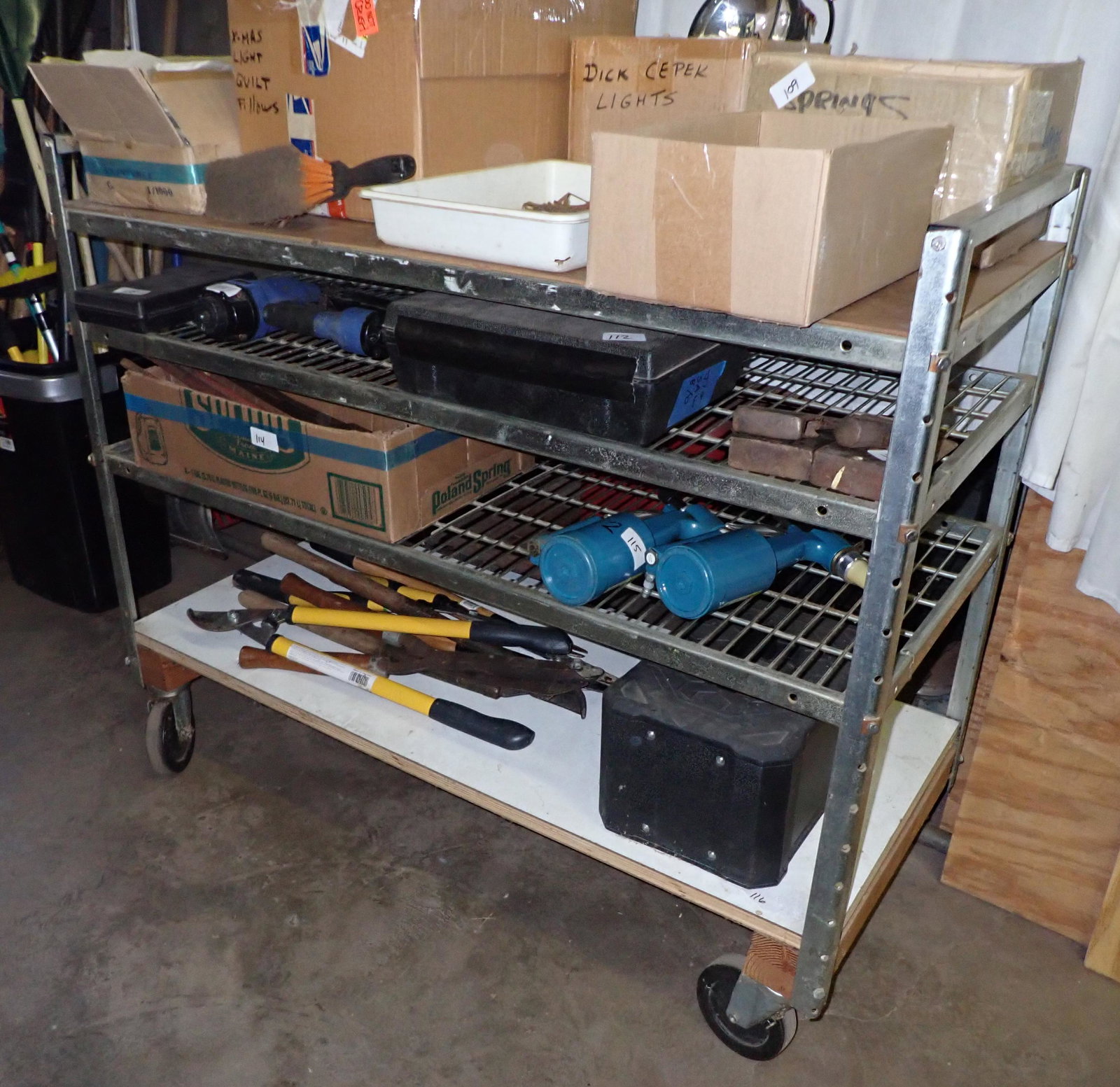 Rolling Shelf: Apprx 21" x 48" x 39 1/2" tall. DOES NOT INCLUDE ITEMS ON IT. PICK UP IN AFTERNOON ONLY !