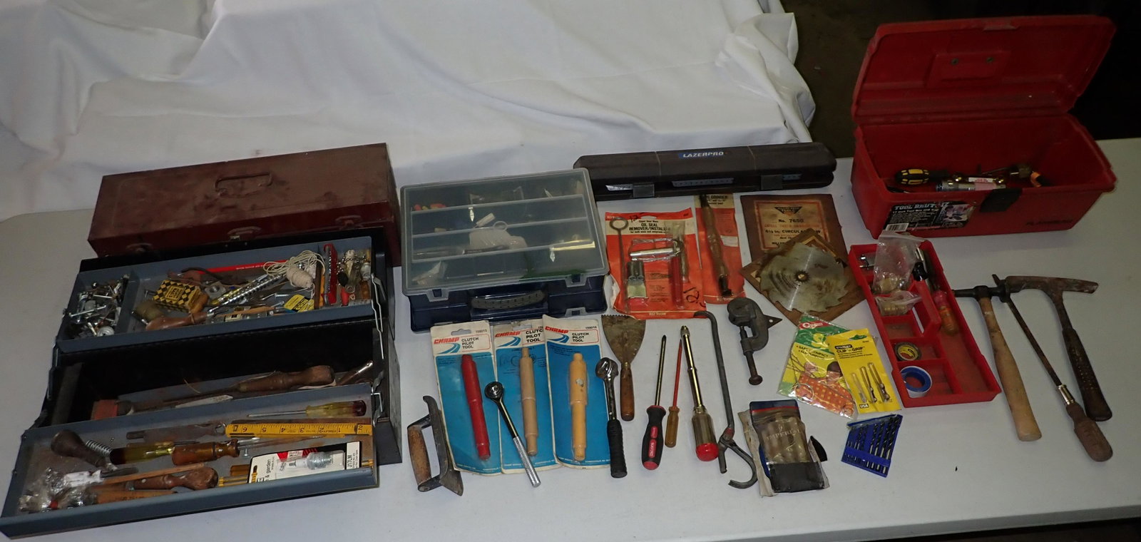 Tools Boxes and Misc Table Contents: Lot includes all pictured on table.