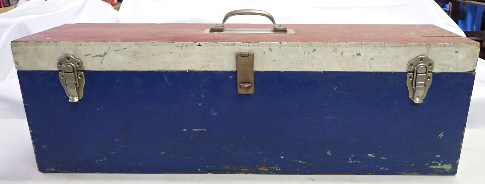 Red White Blue Green Wooden Tool Box: Approx 9" x 32" x 10 1/4" tall