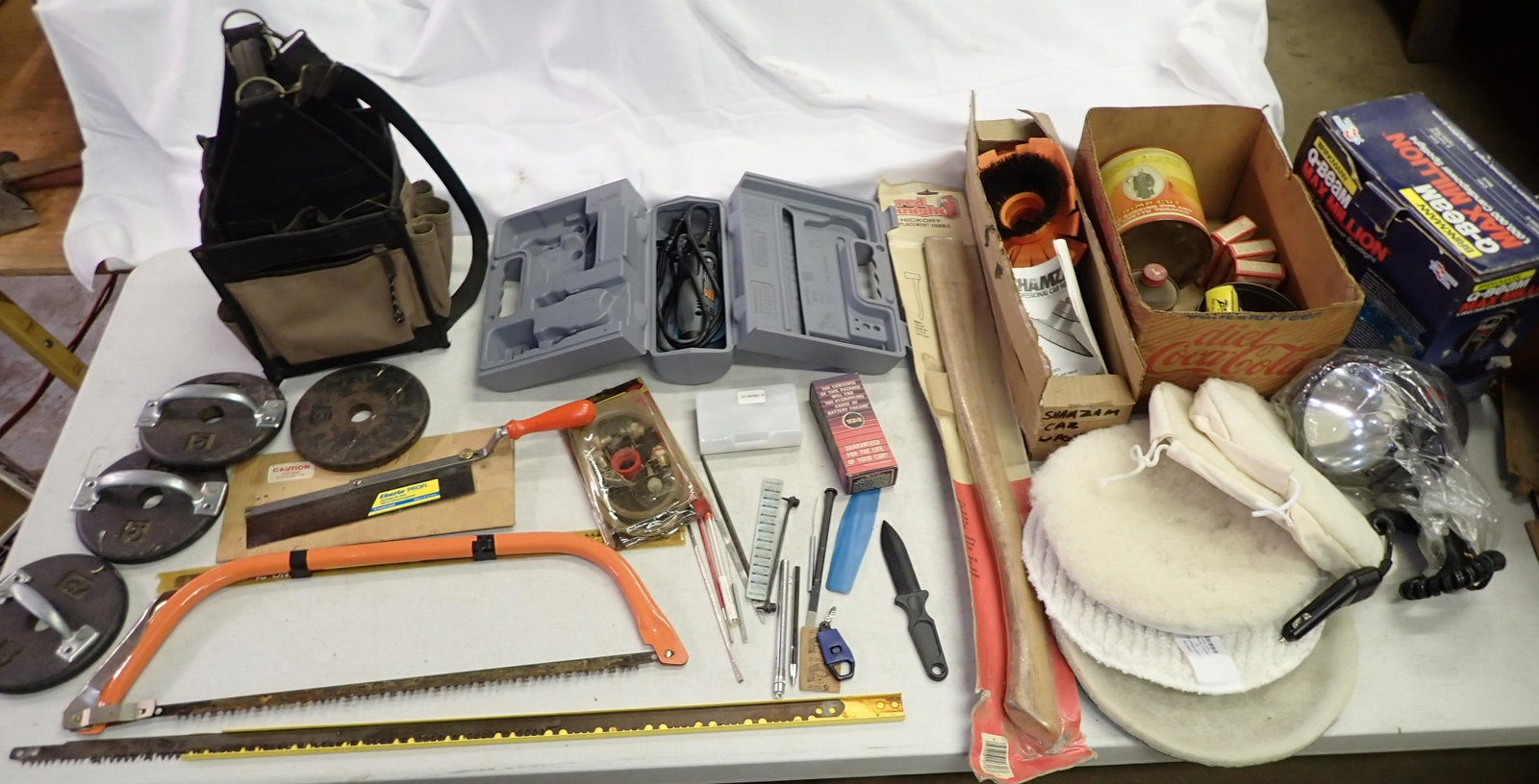 Spotlight Dremel Axe Handle Buffing Pads & Misc: Getting all pictured on table