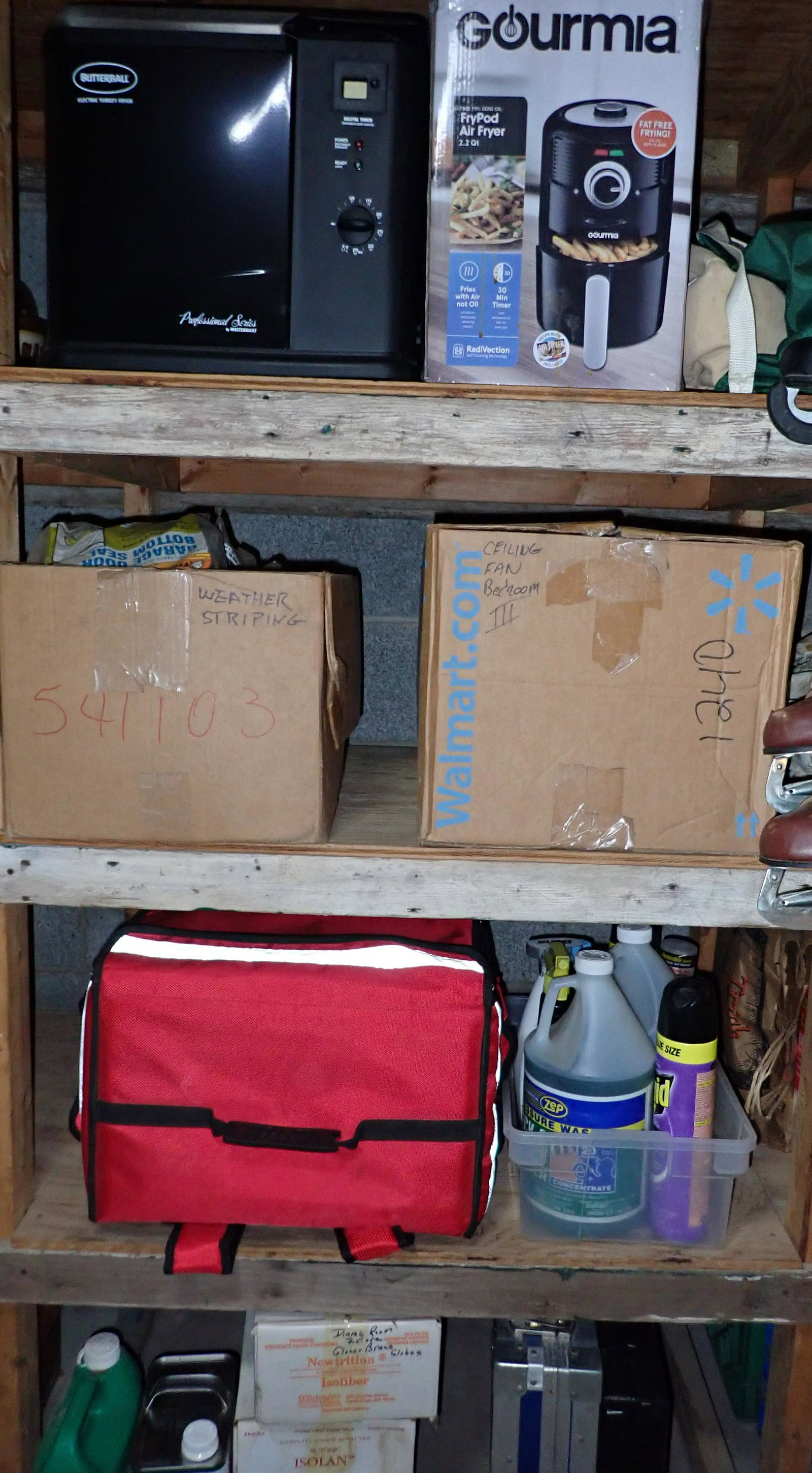 Turkey Fryer Air Fryer Cooler Cases Misc Contents: Lot includes all pictured on the shelves and floor between the 2x4's. Take what you want and leave the rest. Turkey fryer was used once ??? Air Fryer was also used