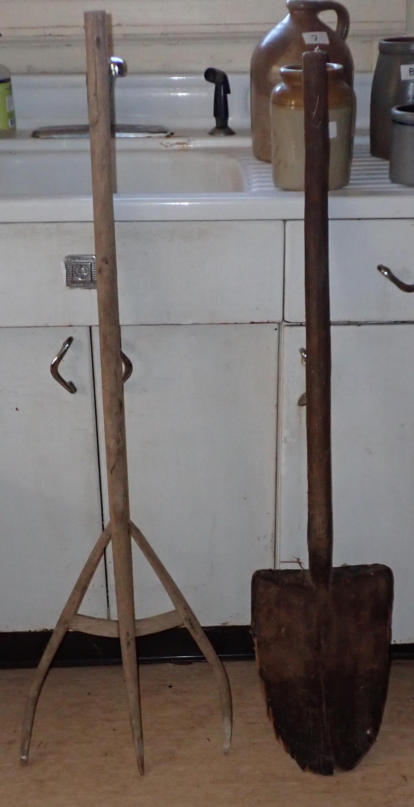 Wooden Hay Fork and Shovel: Shovel is approx 9" wide and 45" long