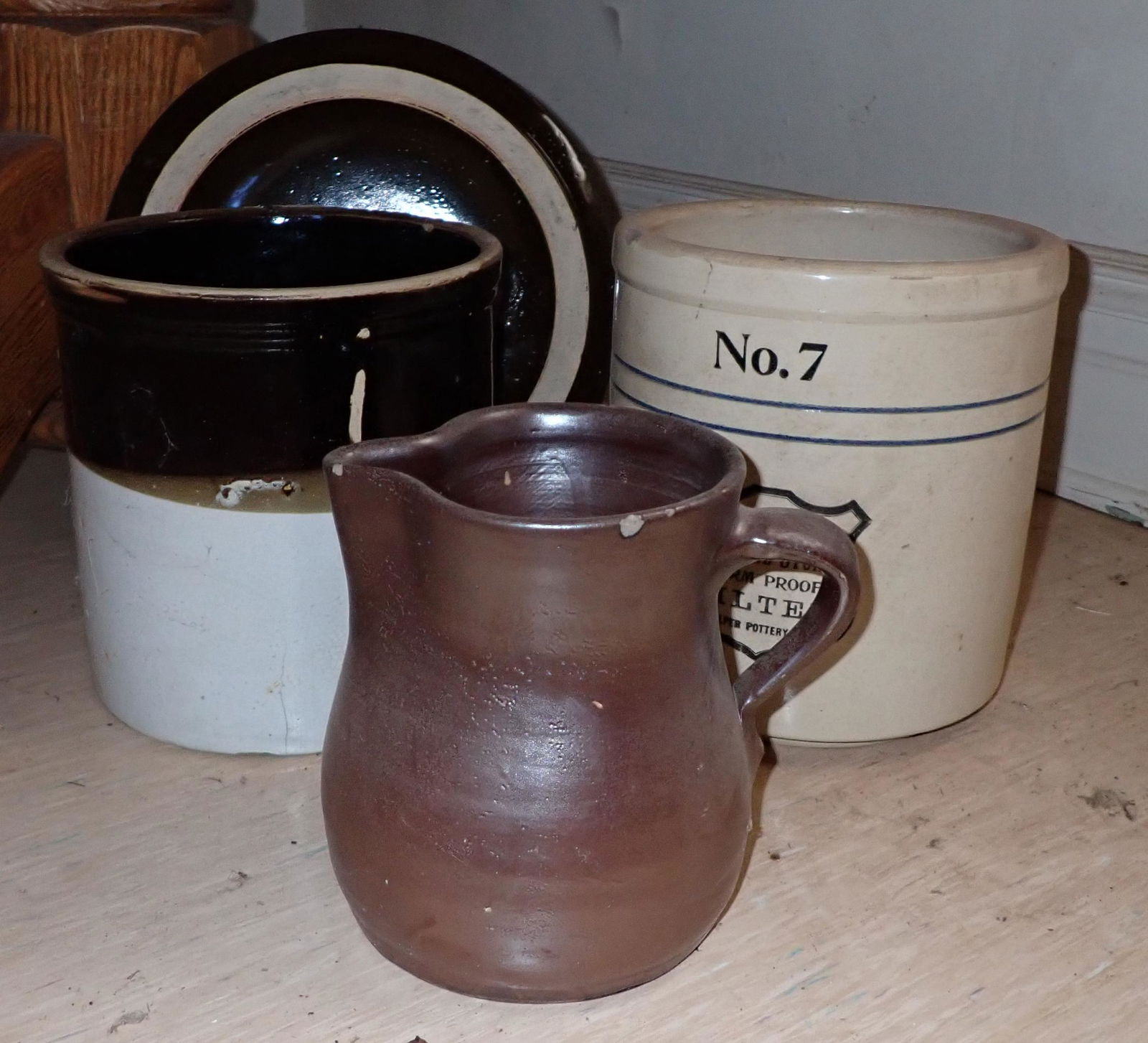 Stoneware Crocks and Redware Pitcher: Largest crock is approx 9 1/4" in diameter and 9 1/2" tall