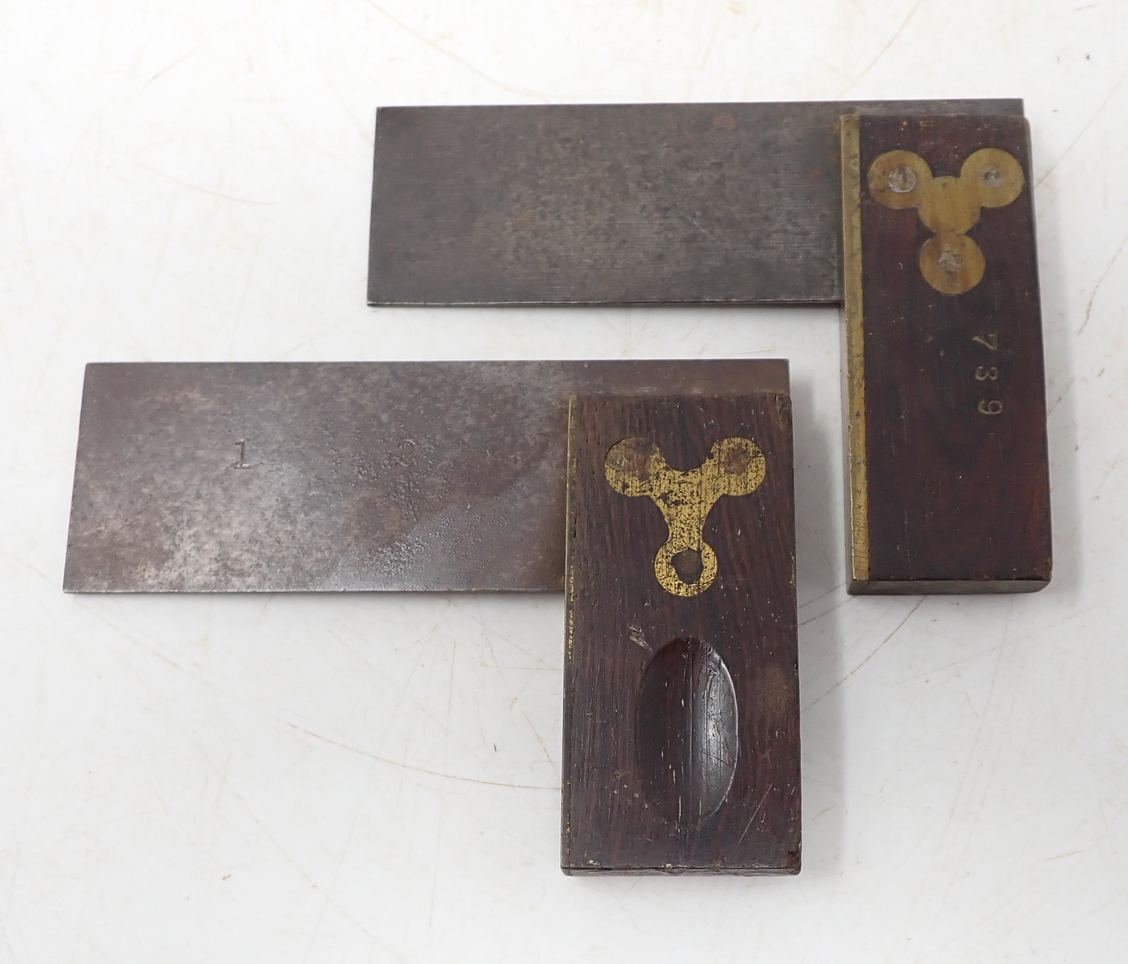 Wood & Brass 4" Squares One Stanley: One is marked Stanley