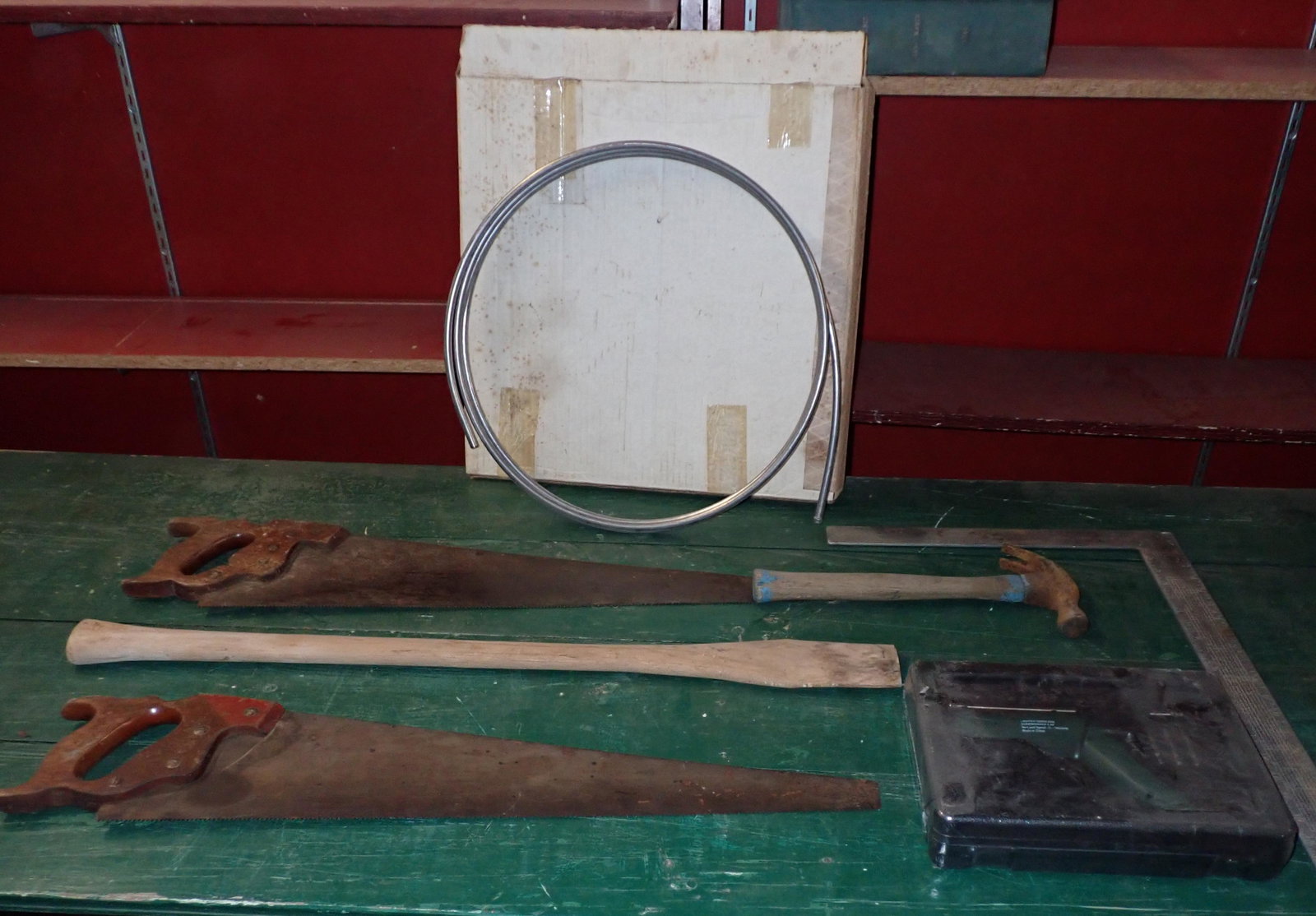 Tubing Axe Handle Cordless Drill Table Lot: Getting all pictured on table