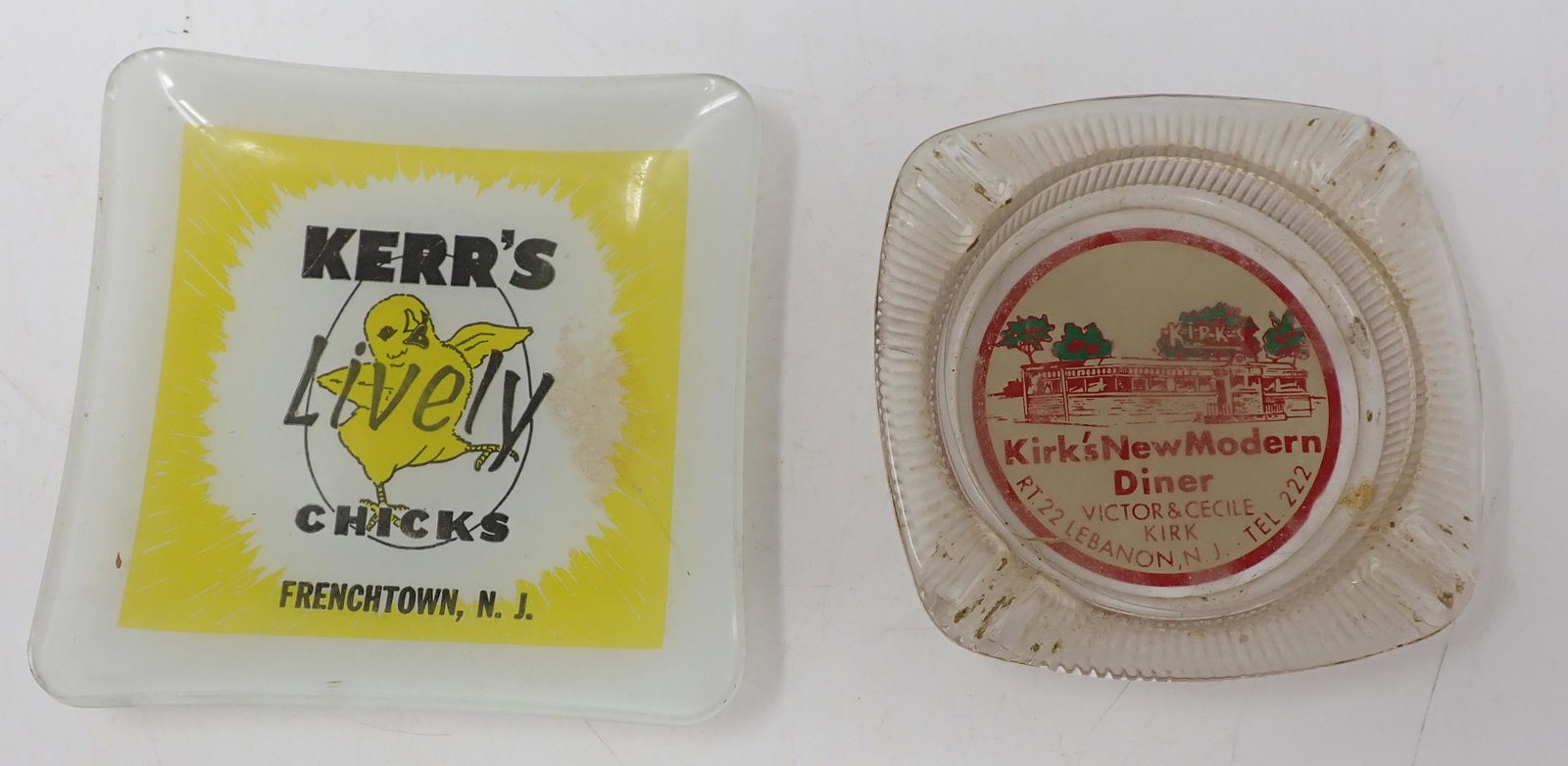 Kirks Diner Lebanon Kerr's Chicks Ashtrays: Kirks ashtray is approx 4 1/8" square.