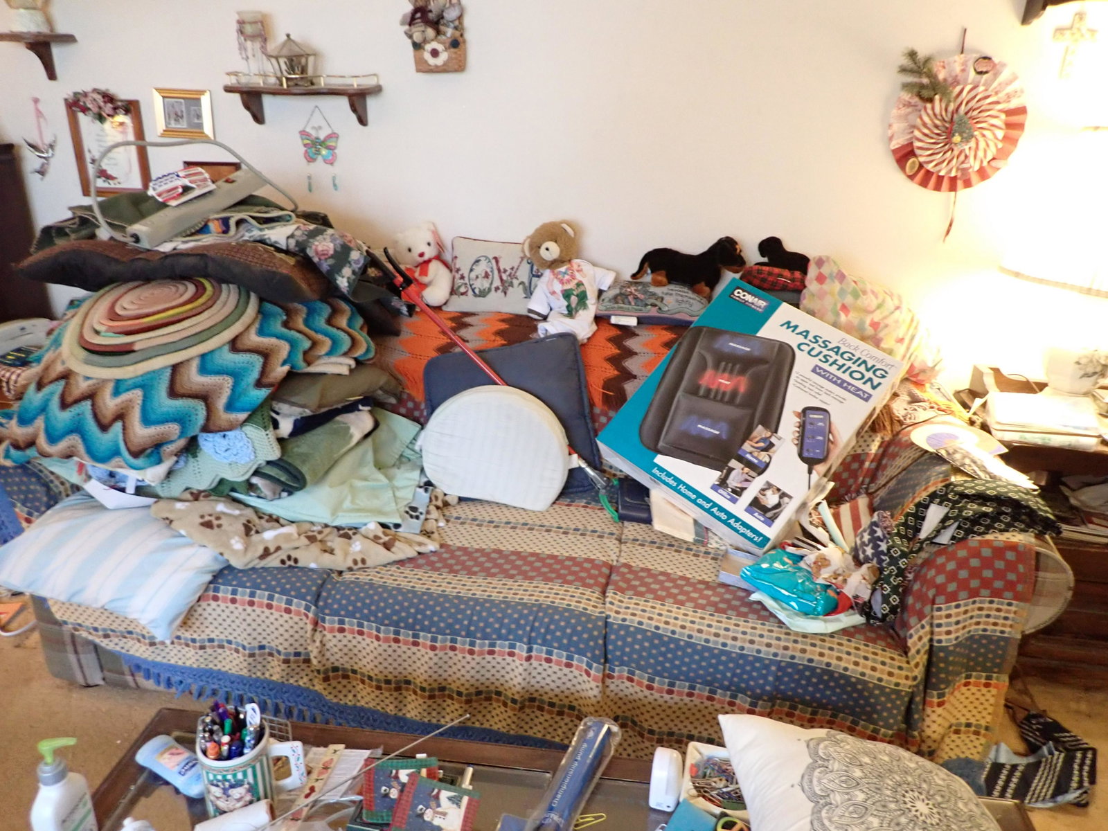 Partial Room Contents: Lot includes pull out sofa ( probably needs to be cleaned ) , everything on it , coffee table and contents. All pictured. Take what you want and leave the rest. No shipping