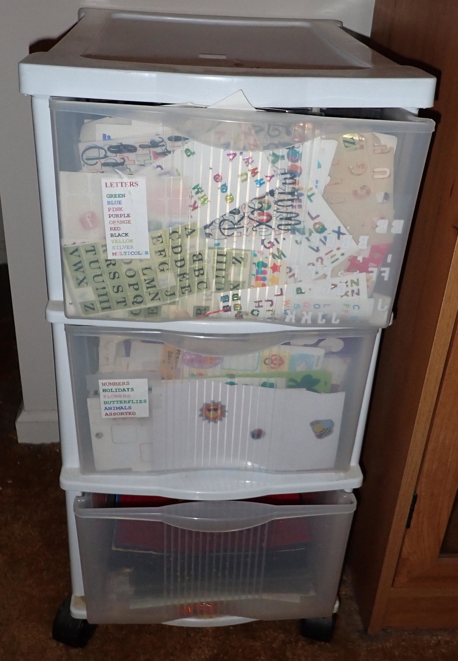 Bin Loaded with Stickers !: Top two drawers are packed with stickers ! Bin is approx 13" x 15 1/2" x 26 1/2"