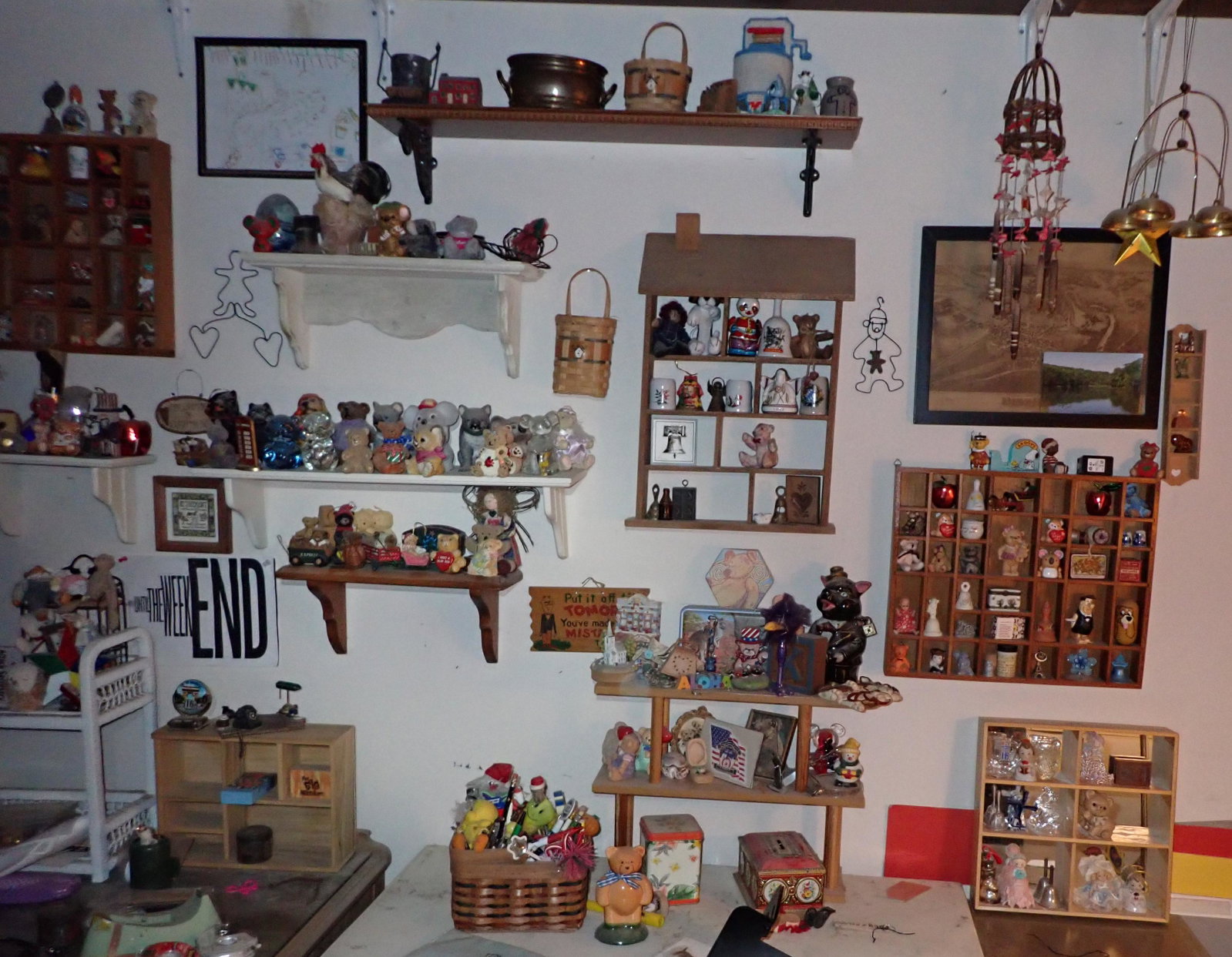 Shelves Filled with. Knick Knacks and Misc: Lot includes all shelves ( except one with iron brackets ) ,with contents and items pictured on top of the desks. All items will be carefully placed in boxes. You will be responsible for wrapping them