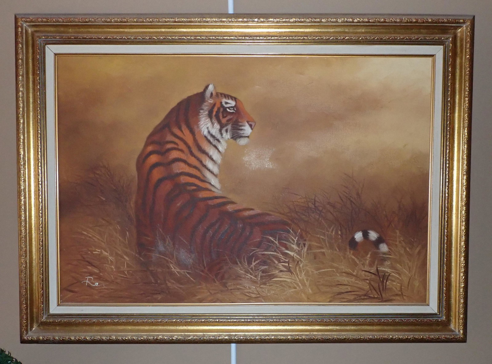 Rex Signed Tiger Oil Painting: Approx 31 1/2" x 43"