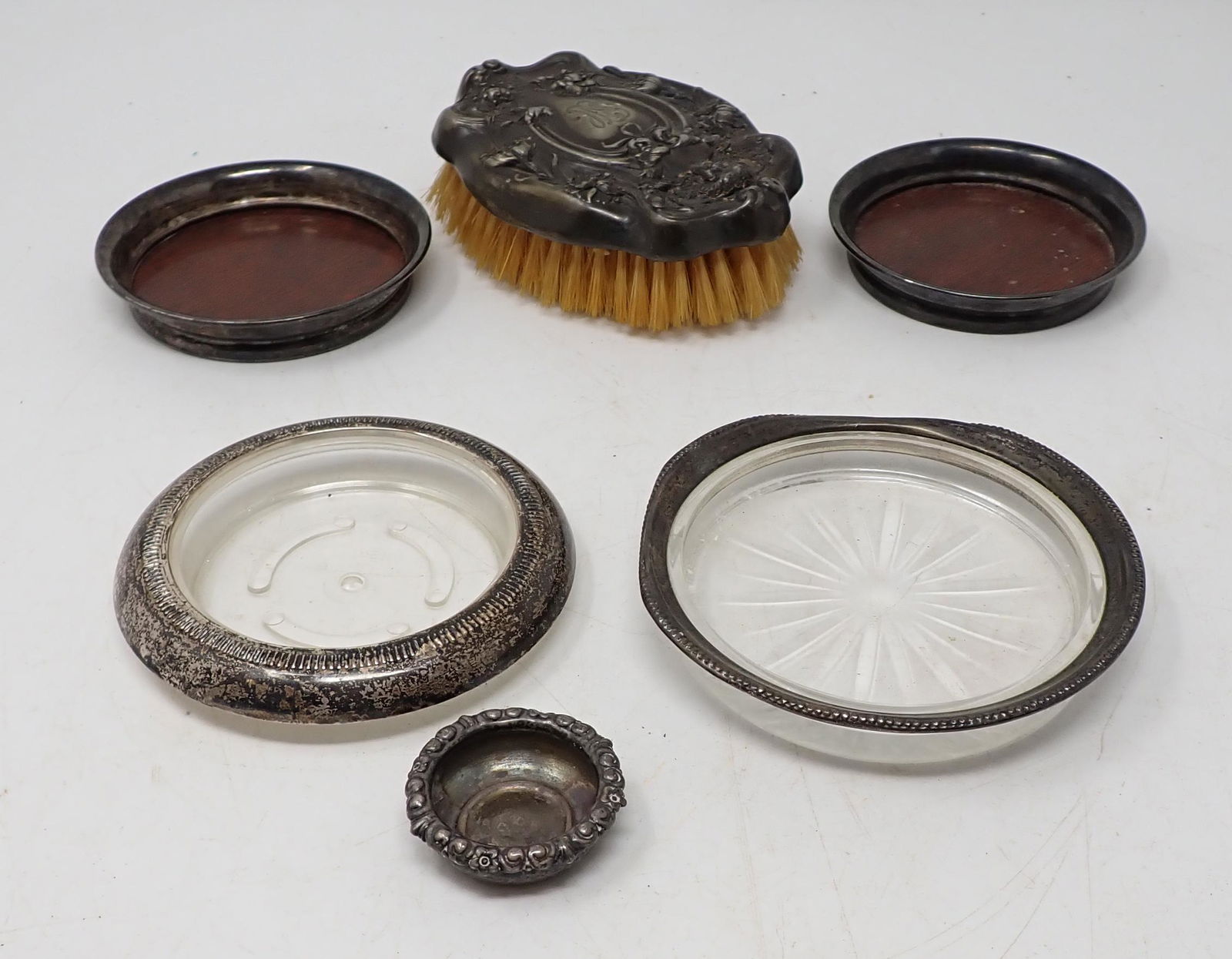 Vanity Brush Coasters Misc Sterling Silver: 3 pieces in front are only ones marked and said to be sterling