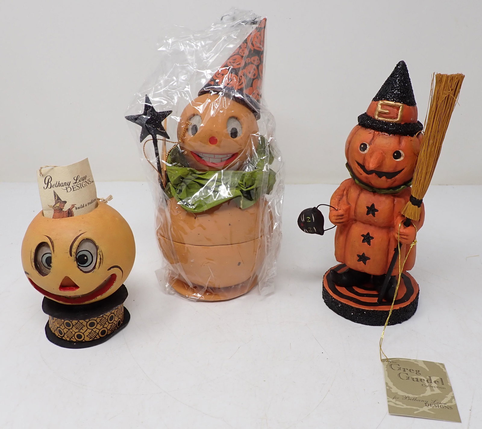 Bethany Lowe Greg Gruedel Halloween Decoration: Tallest pumpkin is approx 8 3/4" ( still sealed in plastic). One on right is The Gruedel Collection