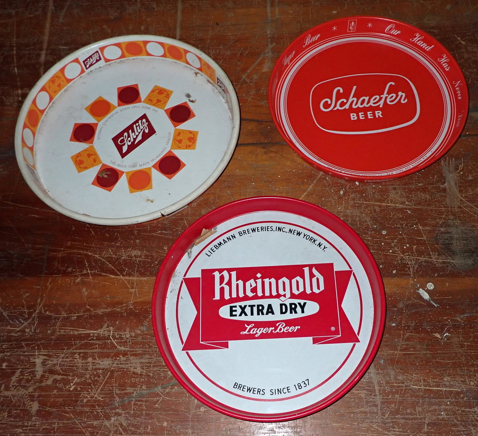 Schlitz Schaefer Rheingold Beer Trays: Largest is apprx 13 1/8" in diameter
