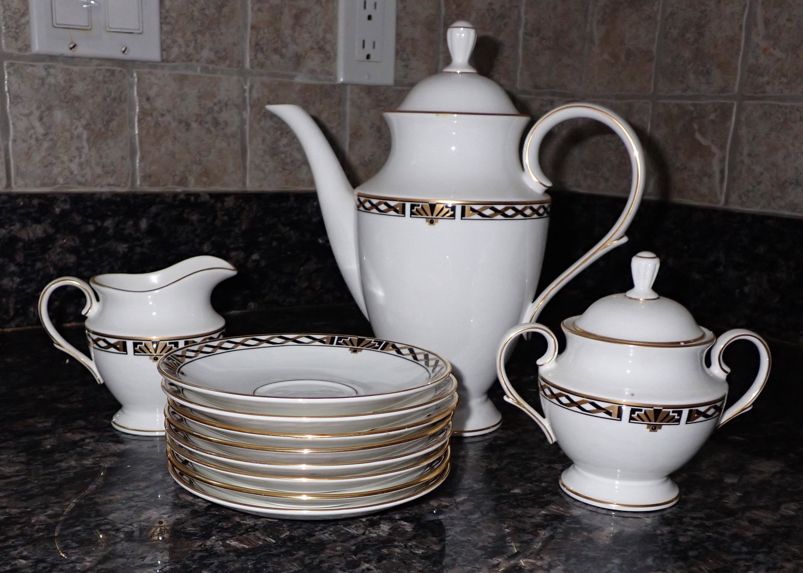 Lenox Classic Collections Teapot Creamer Sugar Saucers: Lenox American Deco.